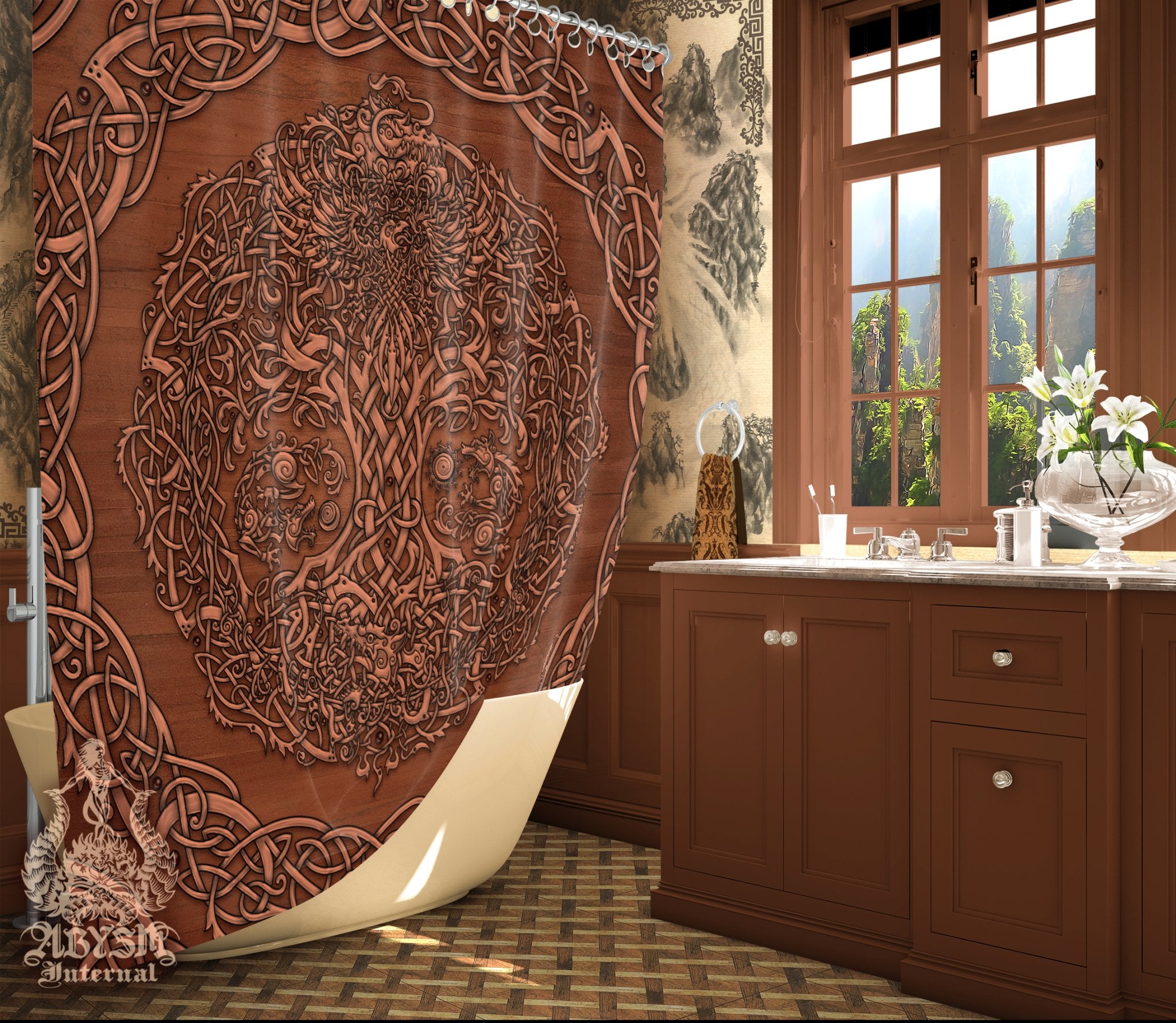 Yggdrasil Shower Curtain, 71x74 inches, Viking Bathroom Decor, Pagan Art, Norse Tree of Life, Beige Home Decor - Wood - Abysm Internal
