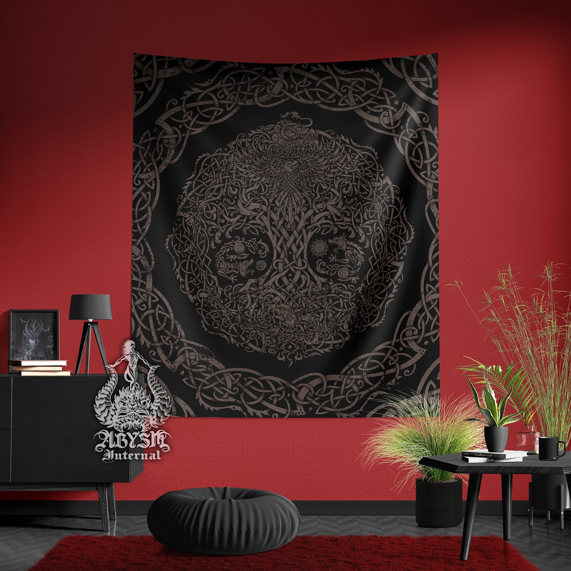 Yggdrasil Tapestry, Nordic Tree of Life Wall Hanging, Viking Home Decor, Norse Knotwork, Vertical Art Print - Black Grey Grit - Abysm Internal