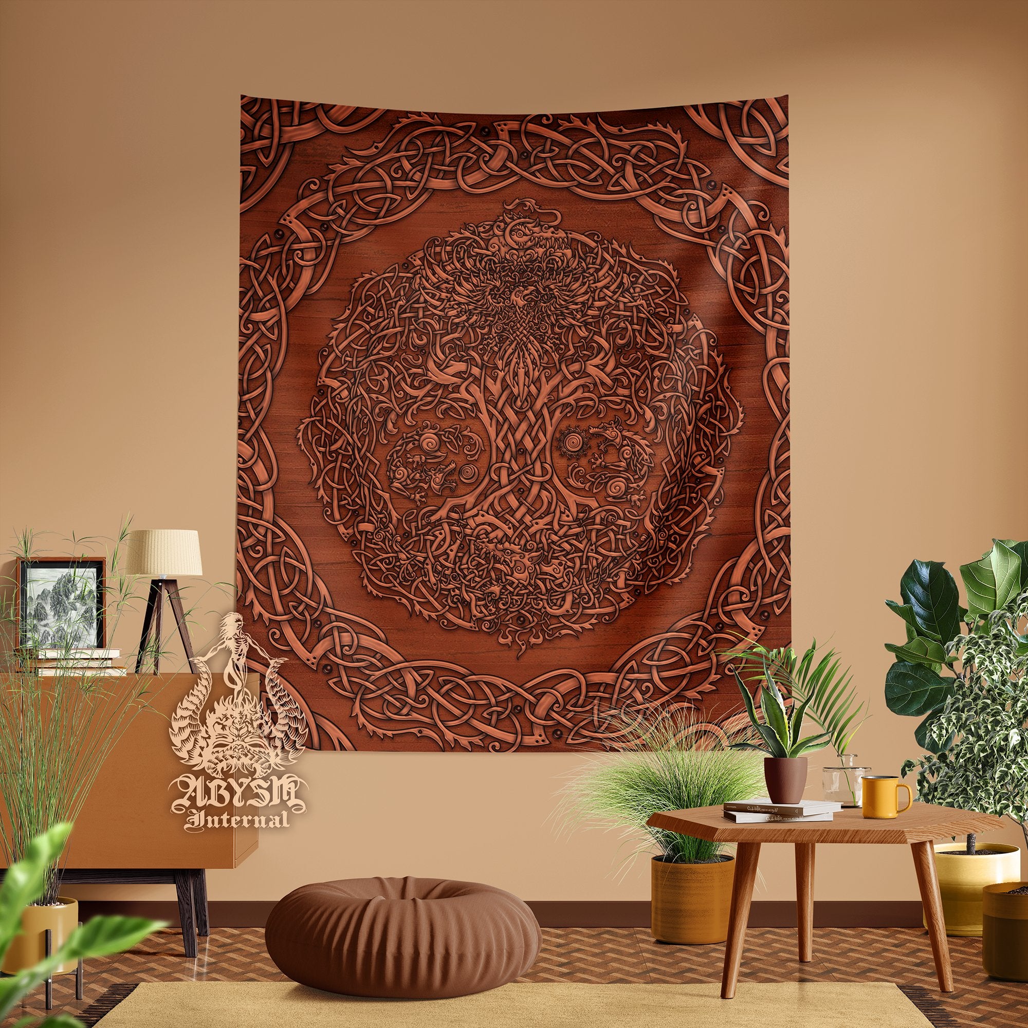 Yggdrasil Tapestry, Viking Wall Hanging, Norse Home Decor, Pagan Vertical Art Print, Nordic Tree of Life - Wood - Abysm Internal