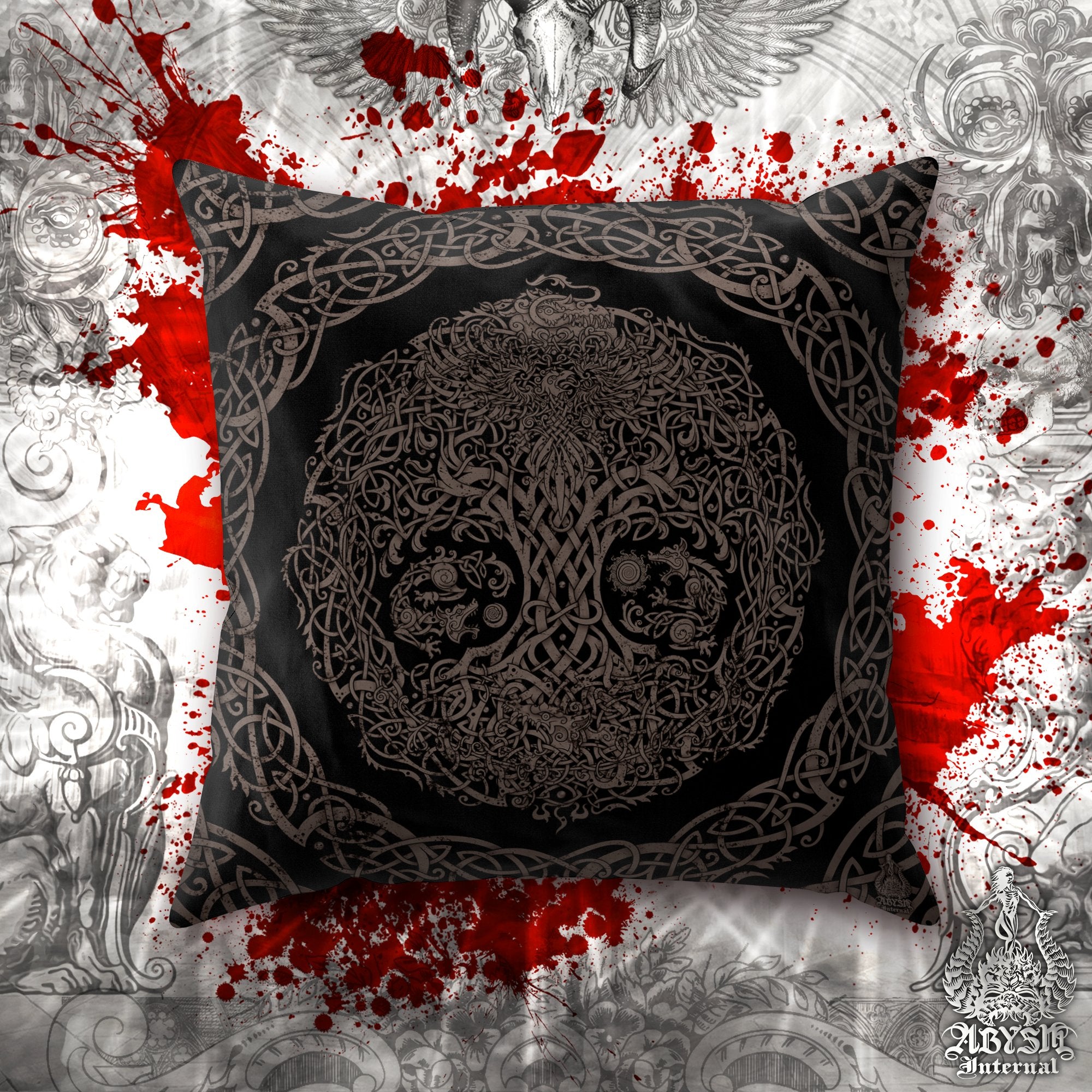 Yggdrasil Throw Pillow, Decorative Accent Pillow, Square Cushion Cover, Viking Mythology, Norse Home Decor, Nordic Art - Tree of Life, Black Grey Grit - Abysm Internal