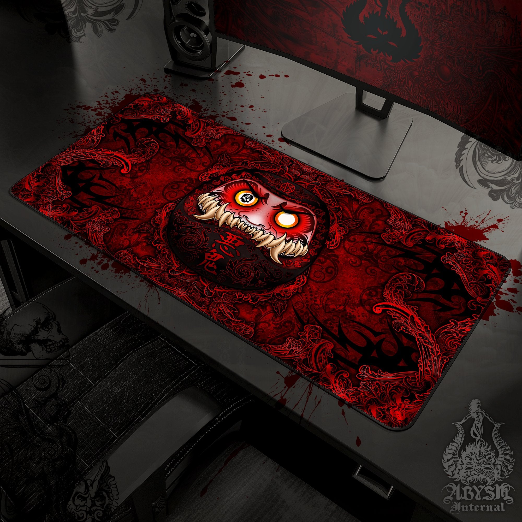 Youkai Desk Mat, Demon Daruma Gaming Mouse Pad, Bloody Gothic Table Protector Cover, Red Black Workpad, Anime and Manga Art Print - Abysm Internal