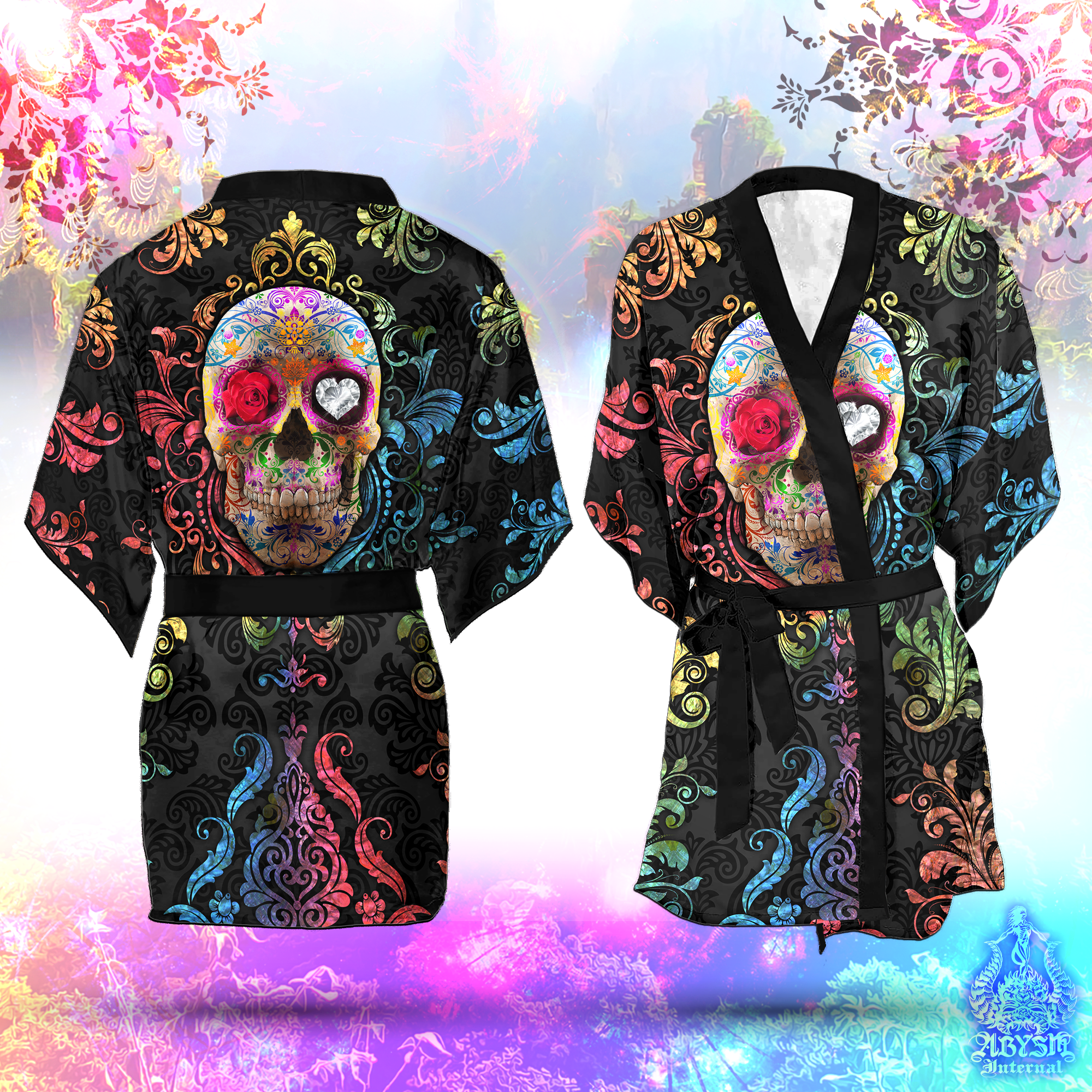 Sugar Skull Kimono, Dressing Robe, Open Shirt, Boho Festival Outfit, Alternative Clothing, Summer Streetwear, Unisex - Day of the Dead - Abysm Internal