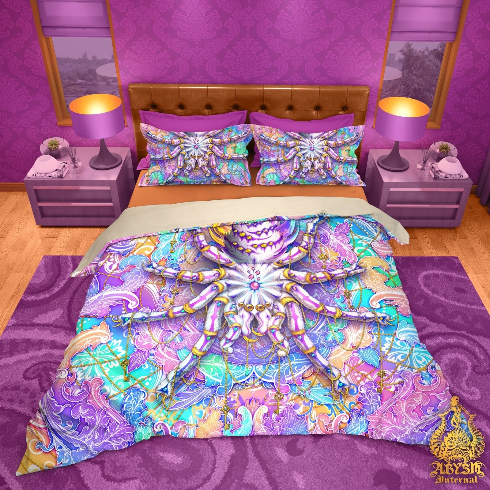 Aesthetic Bedding Set, Comforter and Duvet, Bed Cover and Bedroom Decor, King, Queen and Twin Size - Tarantula Spider, Holographic Pastel Style - Abysm Internal