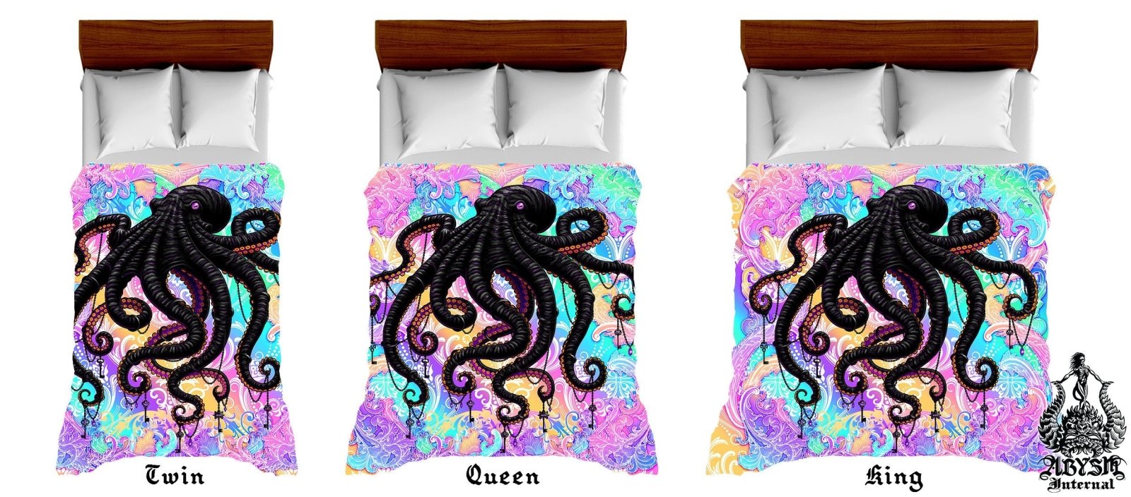 Aesthetic Bedding Set, Comforter and Duvet, Indie Bed Cover, Kawaii Gamer Bedroom Decor, King, Queen and Twin Size - Black and Pastel Punk Octopus - Abysm Internal