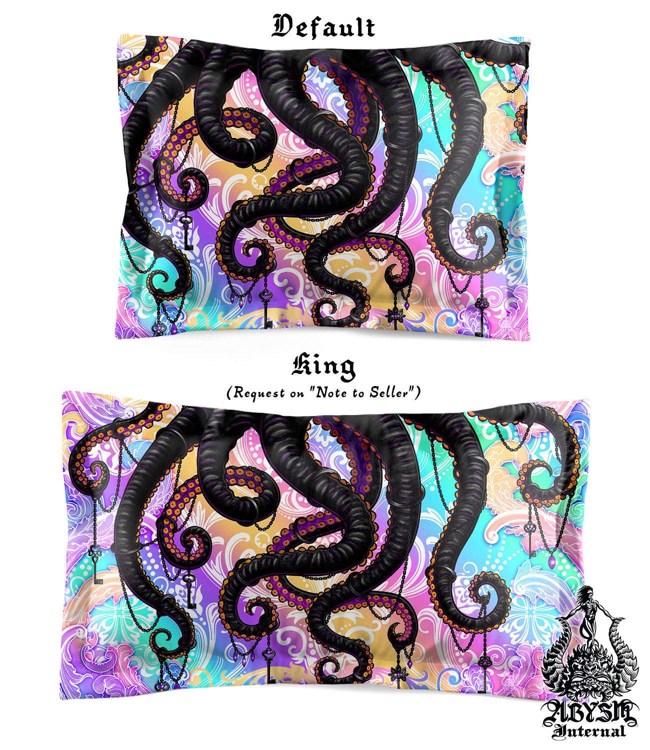 Aesthetic Bedding Set, Comforter and Duvet, Indie Bed Cover, Kawaii Gamer Bedroom Decor, King, Queen and Twin Size - Black and Pastel Punk Octopus - Abysm Internal