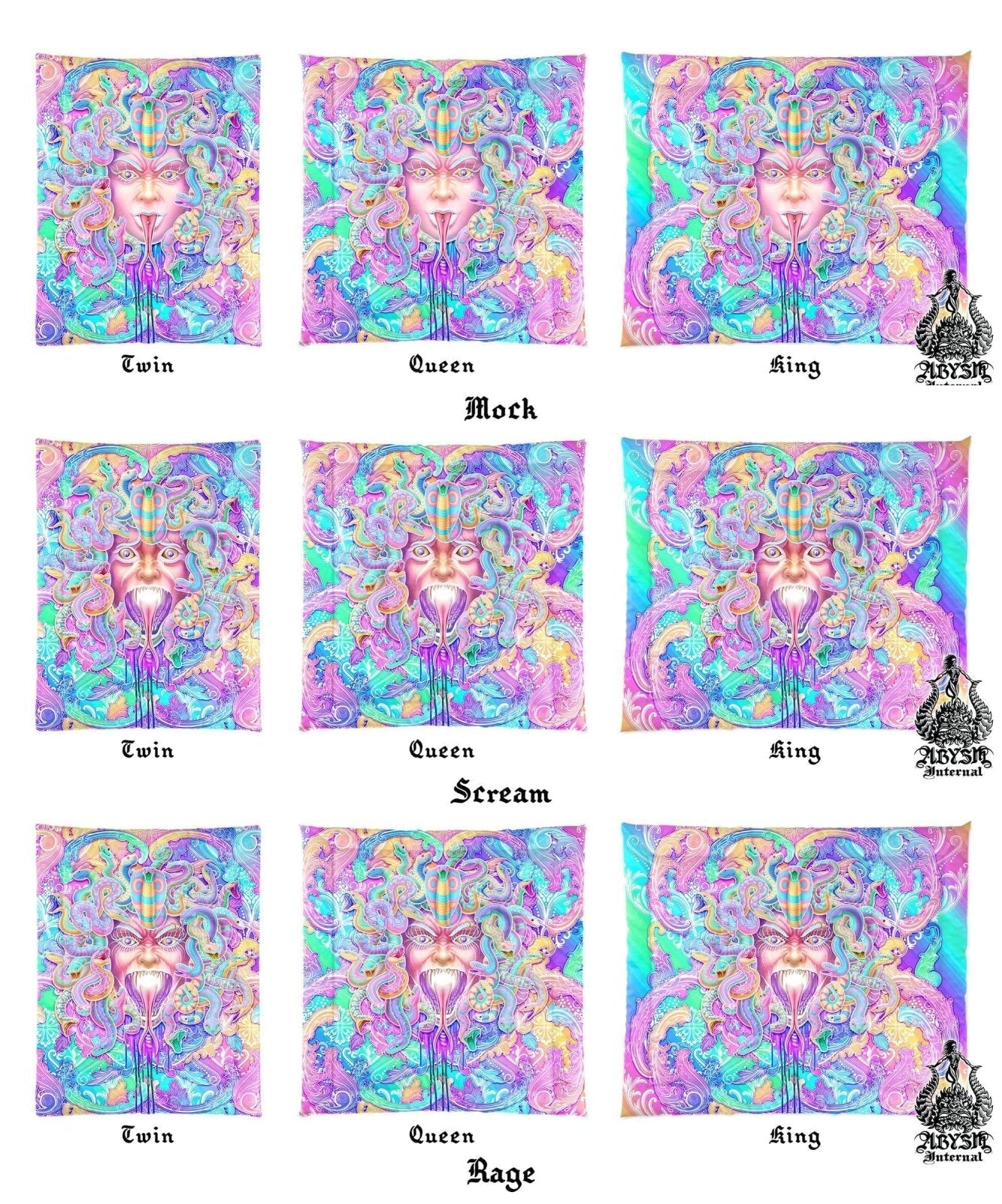Aesthetic Bedding Set, Comforter and Duvet, Psychedelic Medusa, Pastel Bed Cover, Kawaii Gamer Bedroom Decor, Indie Room, King, Queen and Twin Size - 3 Faces - Abysm Internal