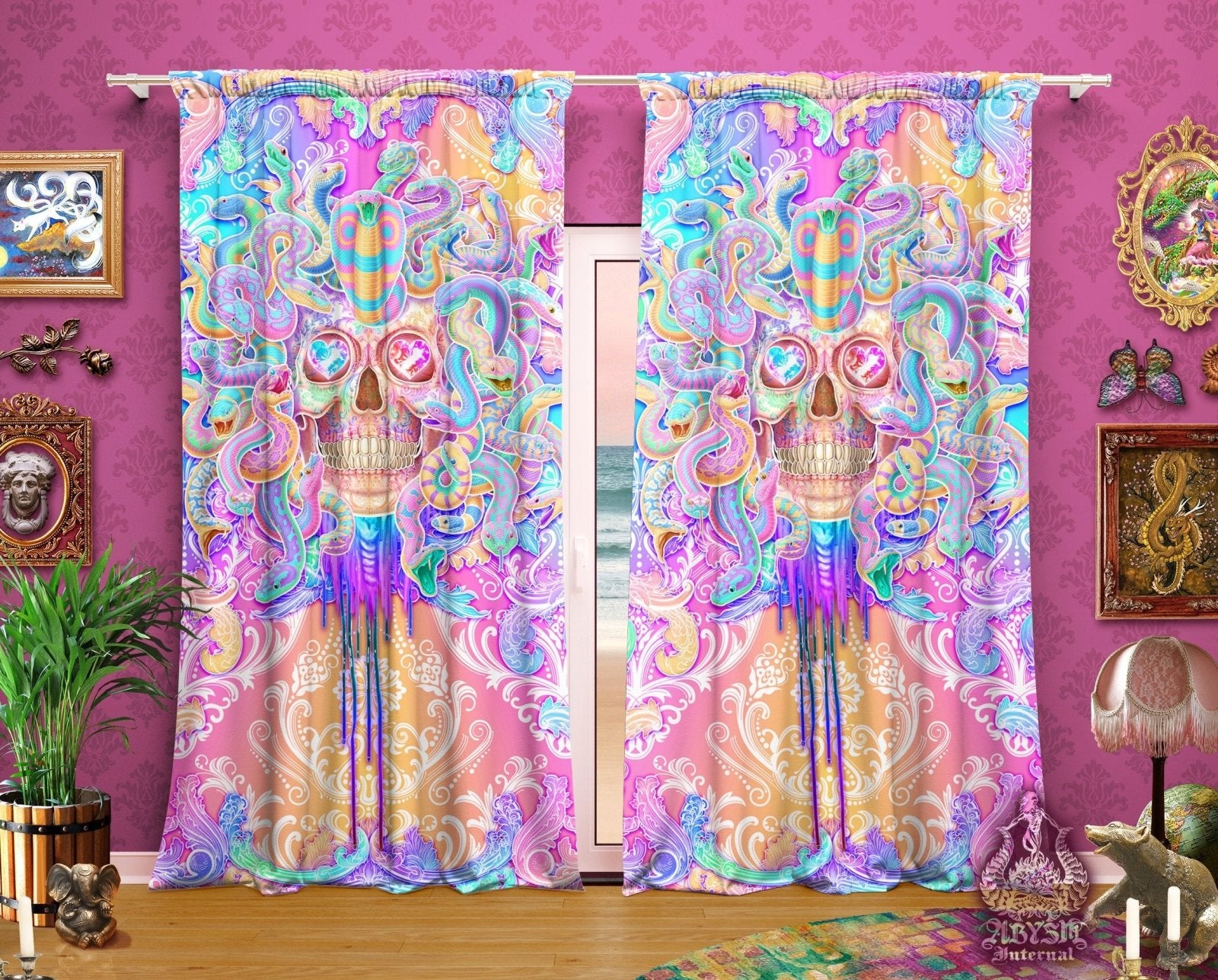 Aesthetic Blackout Curtains, Long Window Panels, Psychedelic Art Print, Kawaii Gamer Room Decor, Funky and Eclectic Home Decor - Pastel Medusa Skull & Snakes - Abysm Internal