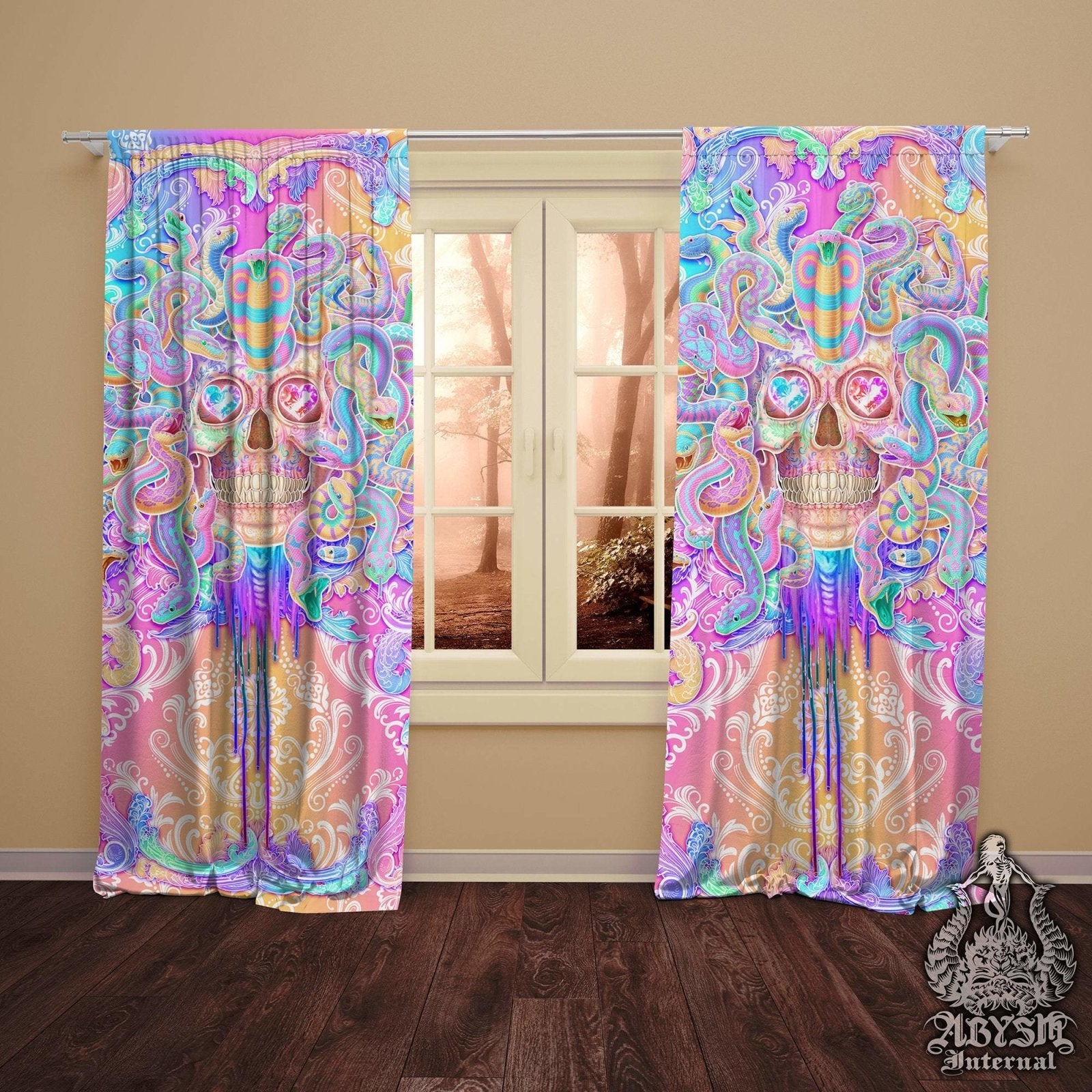 Aesthetic Blackout Curtains, Long Window Panels, Psychedelic Art Print, Kawaii Gamer Room Decor, Funky and Eclectic Home Decor - Pastel Medusa Skull & Snakes - Abysm Internal
