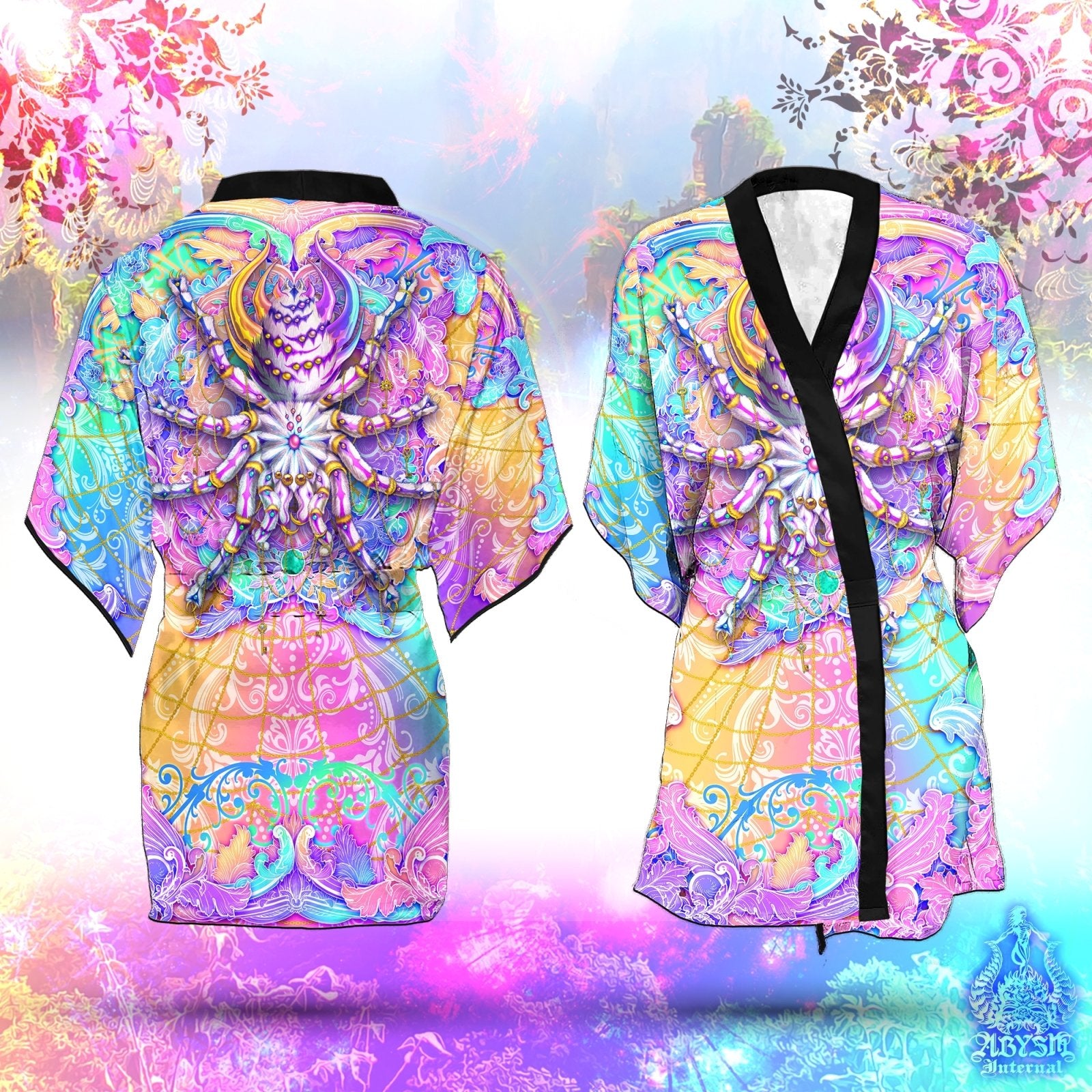 Aesthetic Cover Up, Psychedelic Beach Rave Outfit, Rave Party Kimono, Summer Festival Robe, Holographic Pastel Clothing, Unisex - Tarantula Spider - Abysm Internal