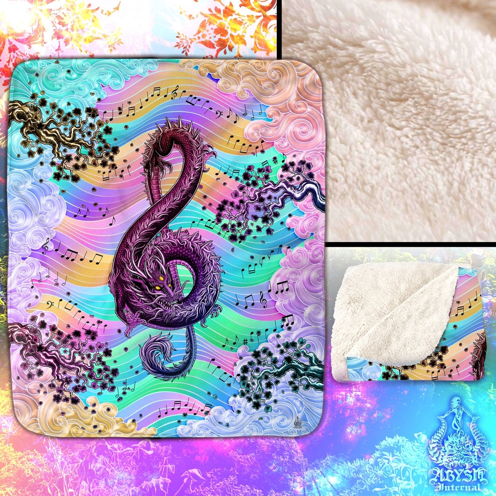 Aesthetic Dragon Throw Fleece Blanket, Treble Clef, Music Art, Holographic Decor, Eclectic and Funky Gift - Pastel Punk Black - Abysm Internal