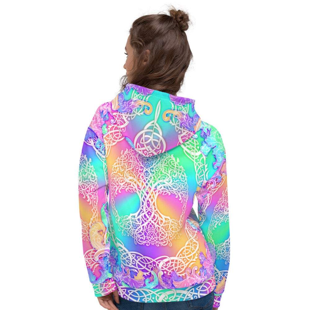 Aesthetic Hoodie, Holographic Streetwear, Rave Outfit, Psychedelic and Trippy Festival Sweater, Pastel Clothing, Unisex - Celtic Tree of Life - Abysm Internal