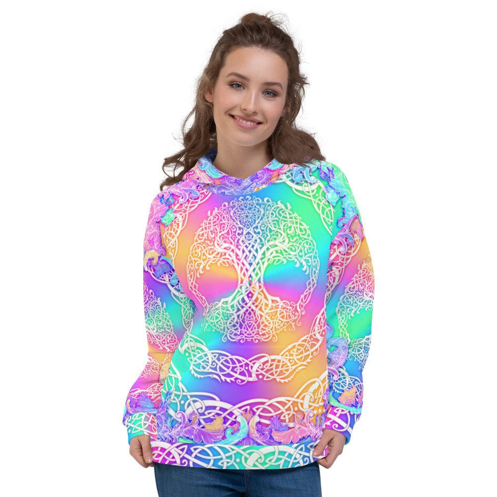 Aesthetic Hoodie, Holographic Streetwear, Rave Outfit, Psychedelic and Trippy Festival Sweater, Pastel Clothing, Unisex - Celtic Tree of Life - Abysm Internal