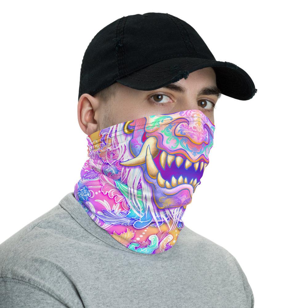 Aesthetic Neck Gaiter, Face Mask, Head Covering, Rave Outfit, Japanese Oni, Fangs, Horns Headband - Psychedelic Pastel Oni - Abysm Internal