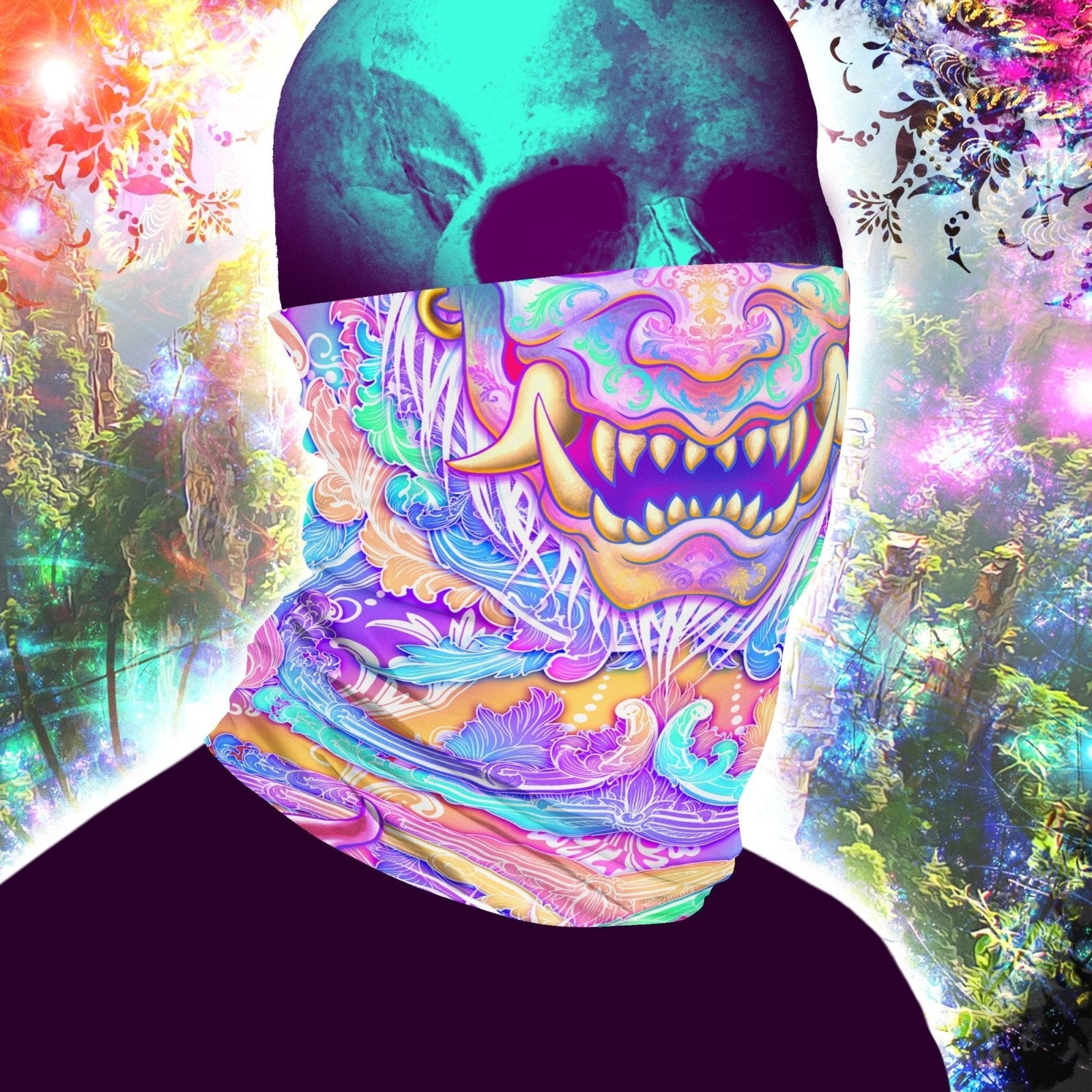 Aesthetic Neck Gaiter, Face Mask, Head Covering, Rave Outfit, Japanese Oni, Fangs, Horns Headband - Psychedelic Pastel Oni - Abysm Internal