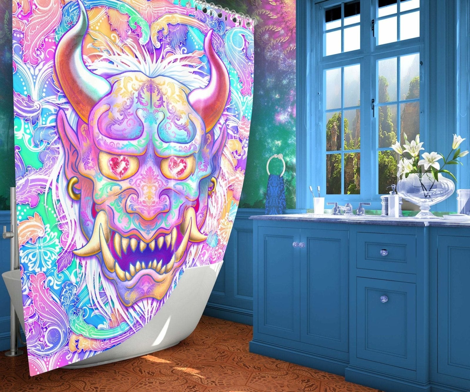 Aesthetic Shower Curtain, Holographic Bathroom Decor, Psychedelic Japanese Demon, Eclectic and Funky Home - Pastel Oni - Abysm Internal