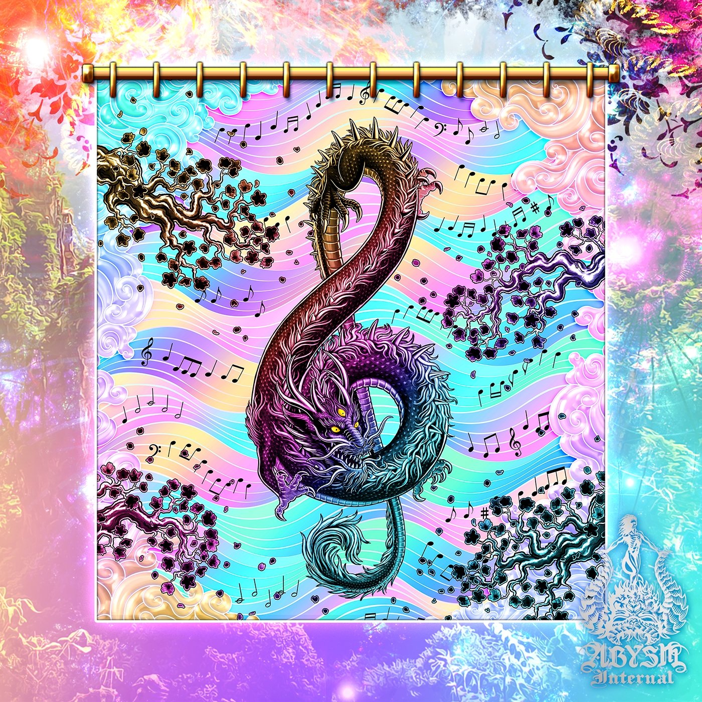 Aesthetic Shower Curtain, Music Art, Holographic and Indie Bathroom Decor, Treble Clef, Eclectic and Funky Home - Pastel Punk Black Dragon - Abysm Internal