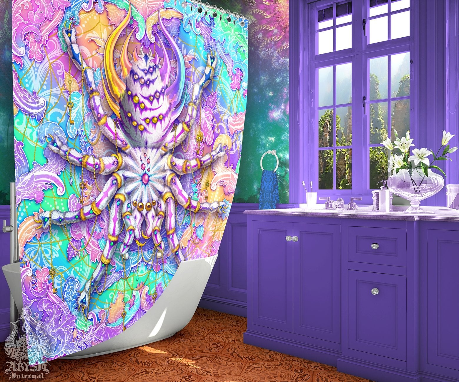 Aesthetic Shower Curtain, Psychedelic Bathroom Decor, Holographic Pastel Home -Spider, Tarantula Art - Abysm Internal