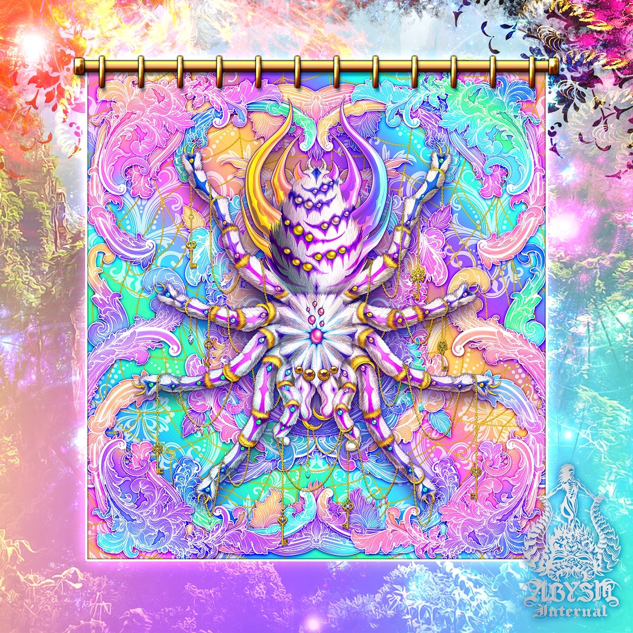 Aesthetic Shower Curtain, Psychedelic Bathroom Decor, Holographic Pastel Home -Spider, Tarantula Art - Abysm Internal