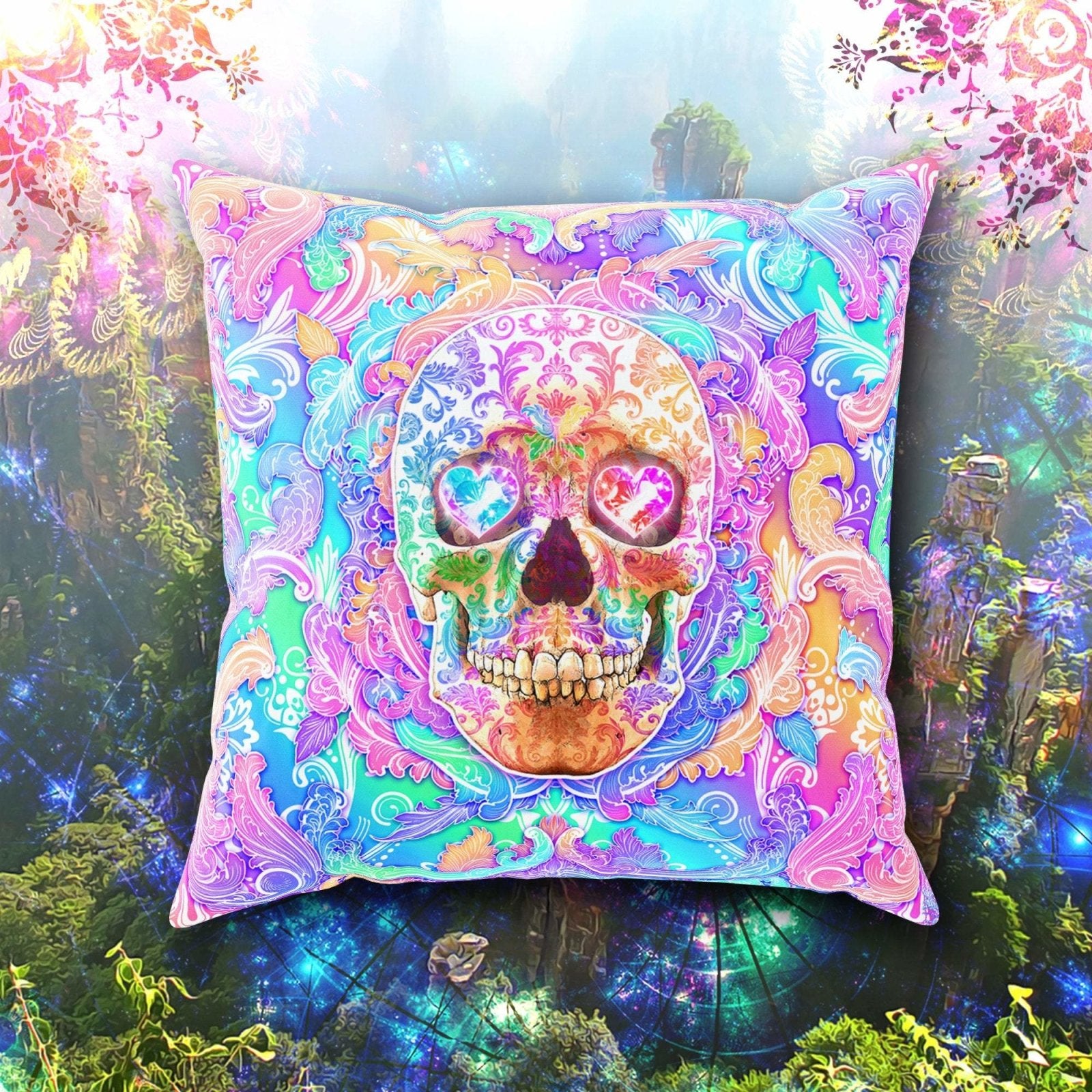 Aesthetic Skull Throw Pillow, Decorative Accent Cushion, Pastel Horror Room Decor, Psychedelic Art, Funky and Eclectic Home - Abysm Internal