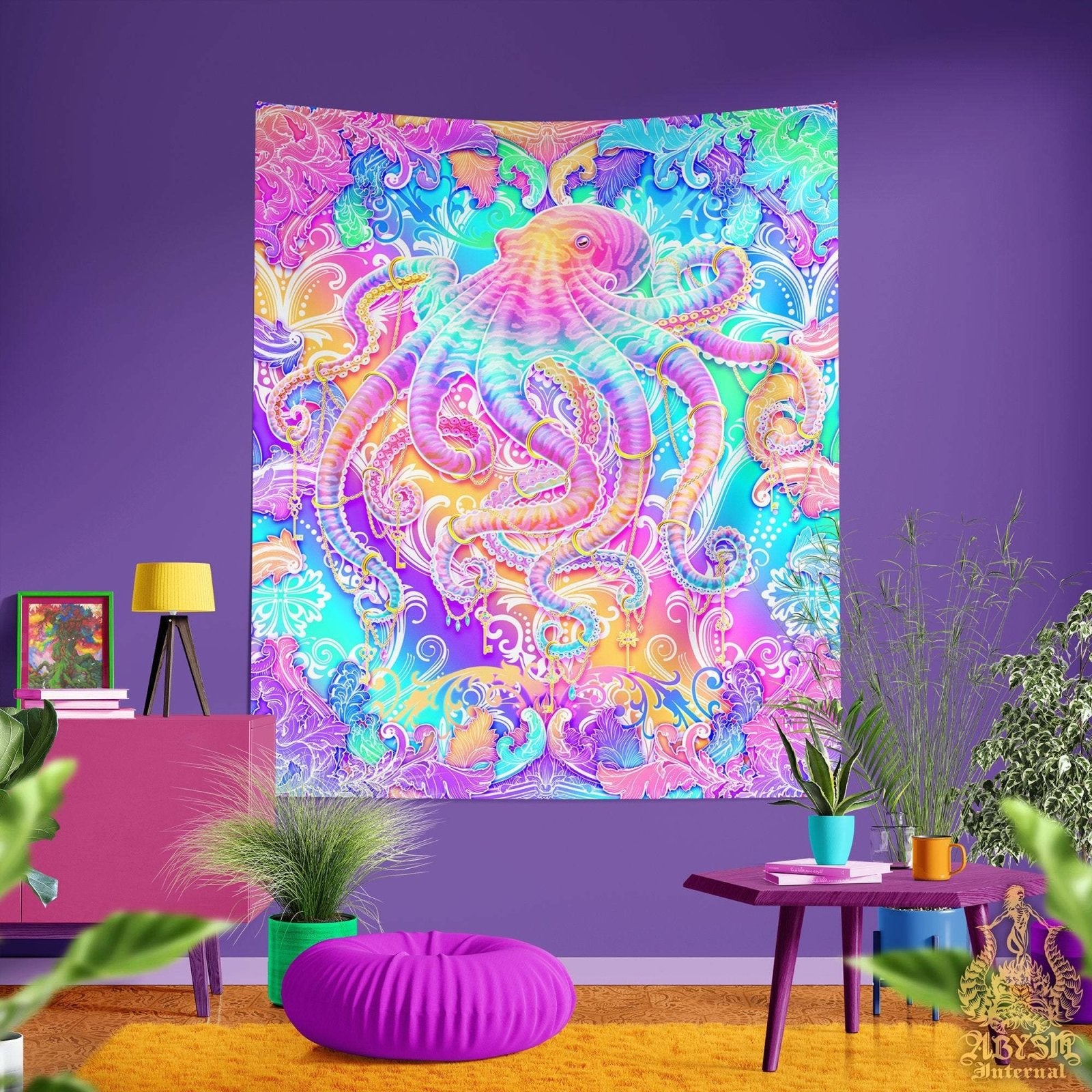 Aesthetic Tapestry, Holographic Wall Hanging, Psychedelic Home Decor, Art Print, Eclectic and Funky - Pastel Octopus, Yume Kawaii and Fairy Kei - Abysm Internal