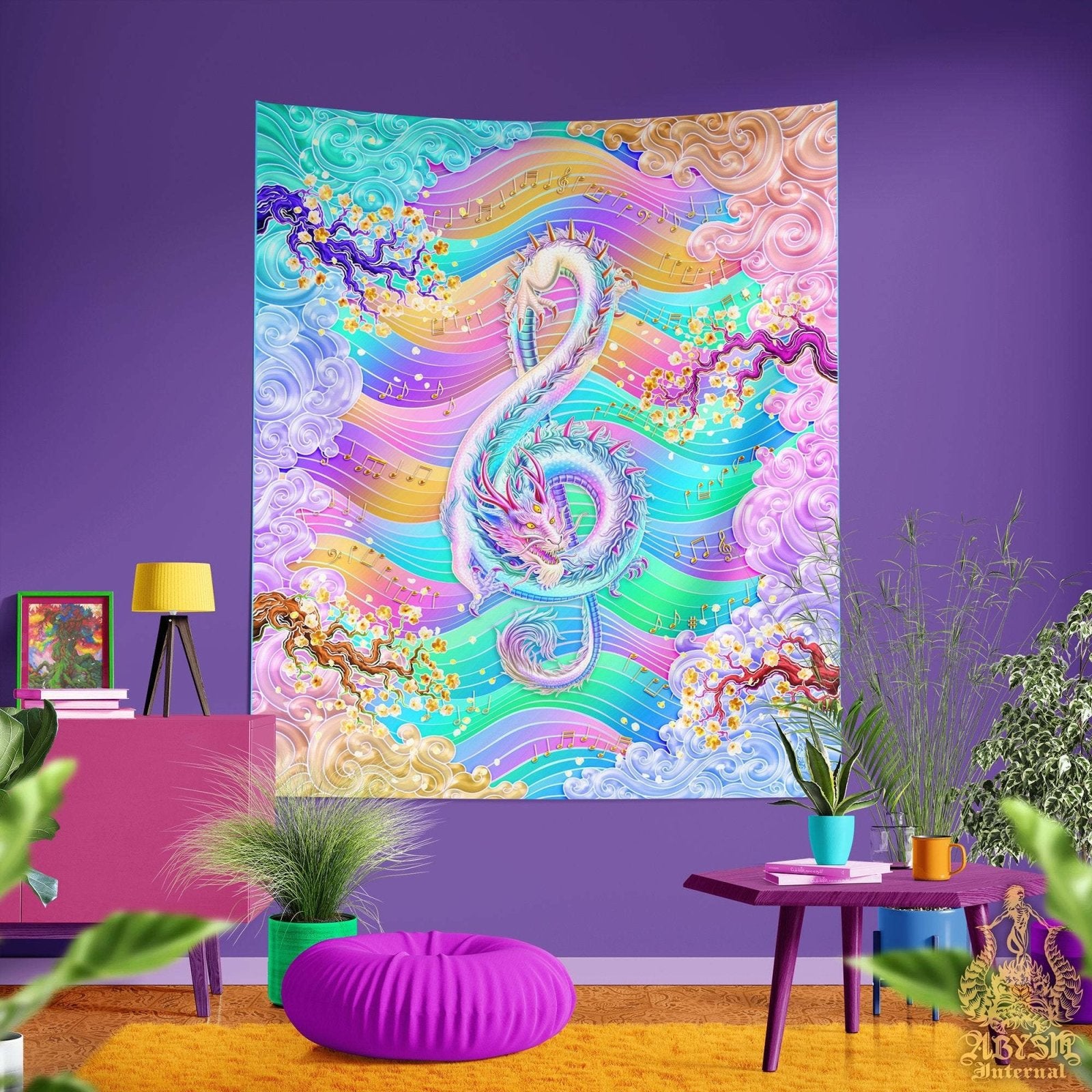 Aesthetic Tapestry, Music Wall Hanging, Pastel Home Decor, Art Print, Eclectic and Funky - Dragon, Yume Kawaii and Fairy Kei, Treble Clef - Abysm Internal