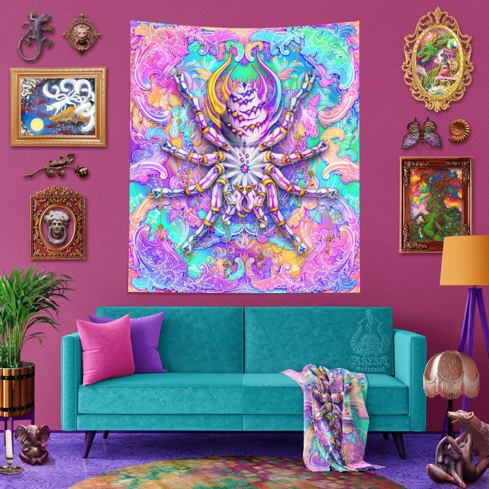 Aesthetic Tapestry, Psychedelic Wall Hanging, Indie Home Decor, Tarantula Art Print, Eclectic and Funky - Holographic Pastel Spider - Abysm Internal