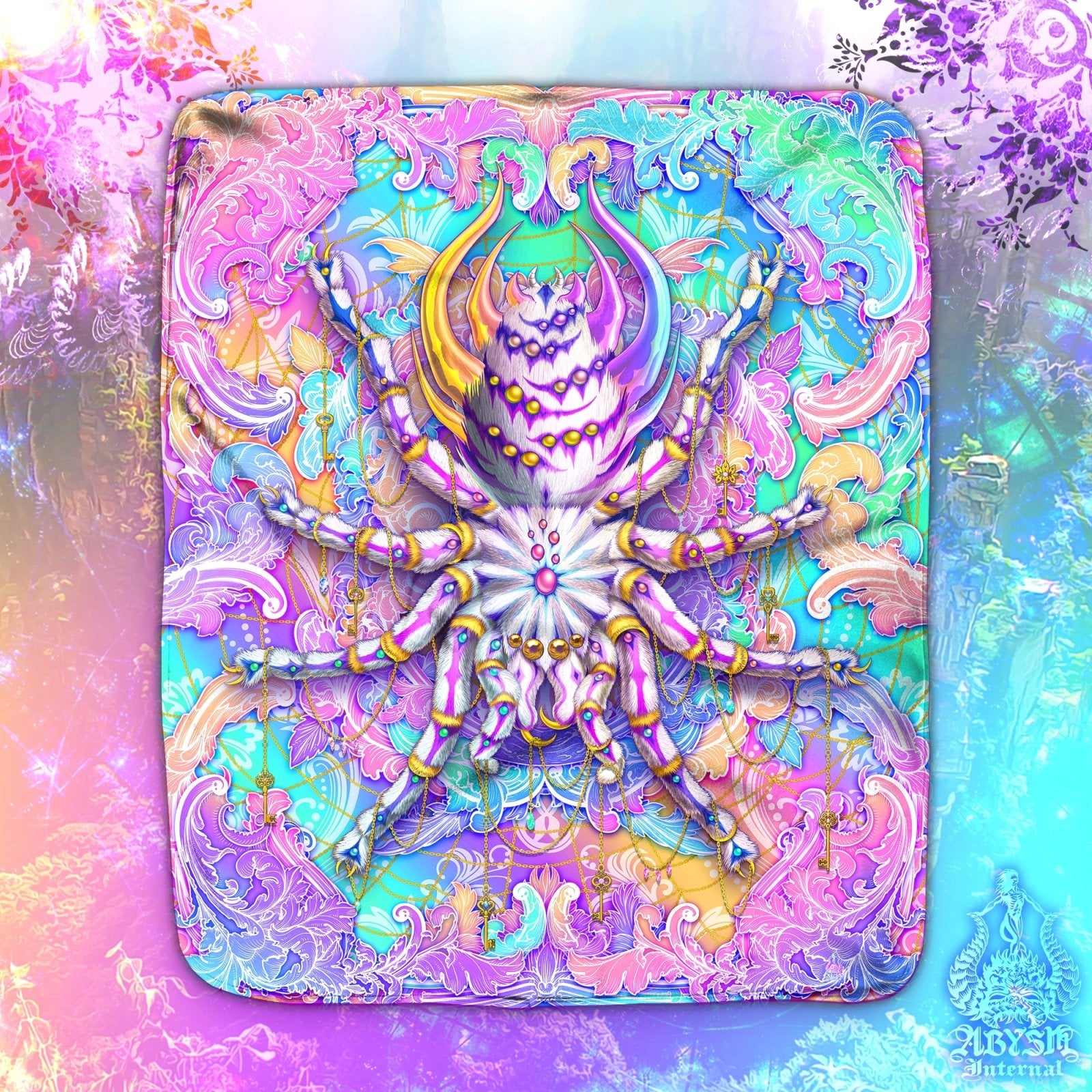 Aesthetic Throw Fleece Blanket, Holographic Pastel Home Decor, Psychedelic Gift, Eclectic and Funky Gift - Spider, Tarantula Art - Abysm Internal