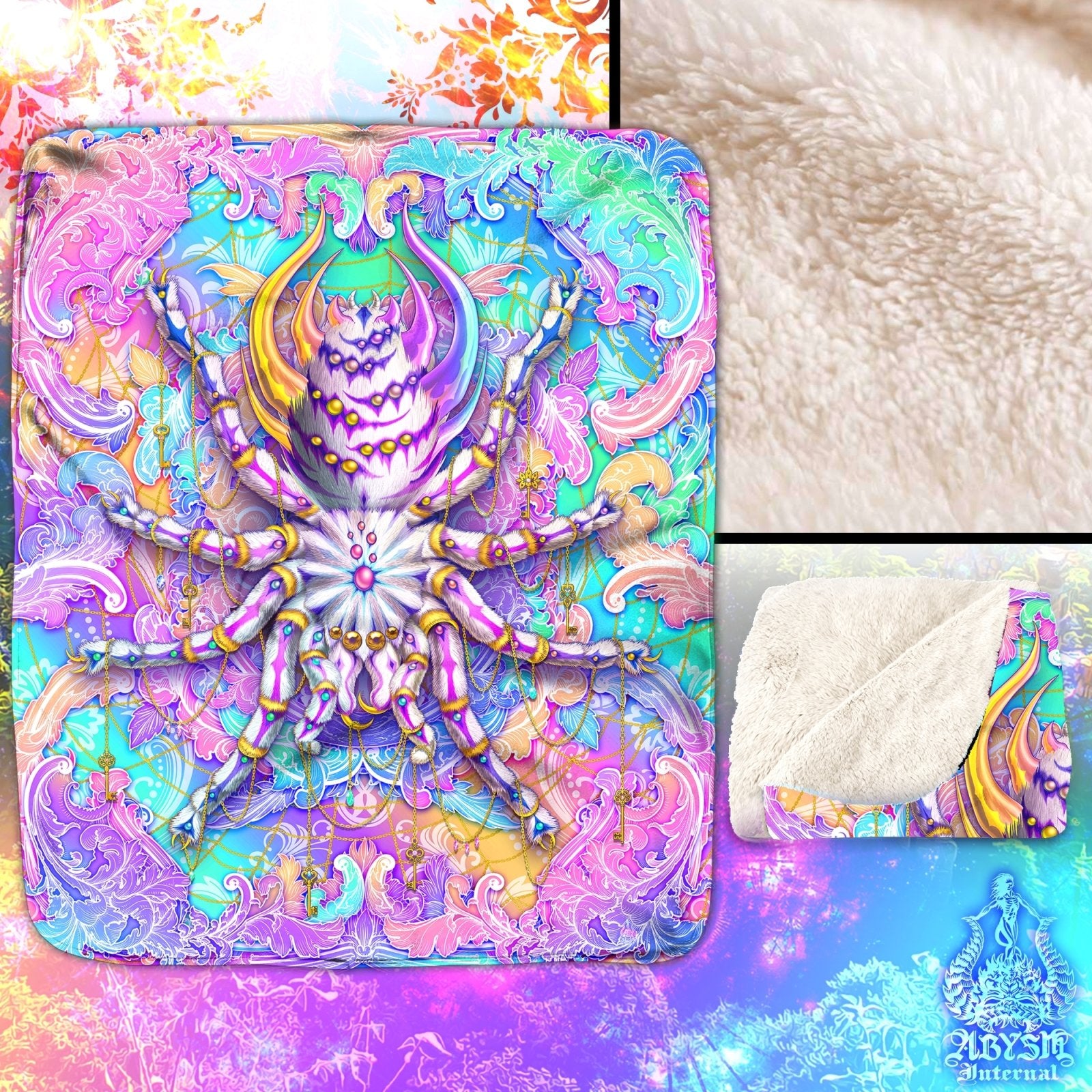 Aesthetic Throw Fleece Blanket, Holographic Pastel Home Decor, Psychedelic Gift, Eclectic and Funky Gift - Spider, Tarantula Art - Abysm Internal