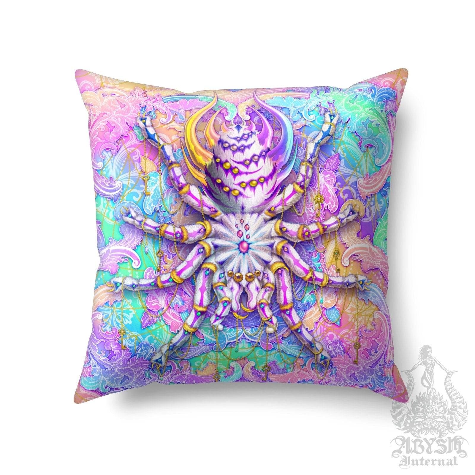 Aesthetic Throw Pillow, Decorative Accent Cushion, Holographic Pastel Room Decor, Funky and Eclectic Home - Tarantula, Psychedelic Art, Spider - Abysm Internal