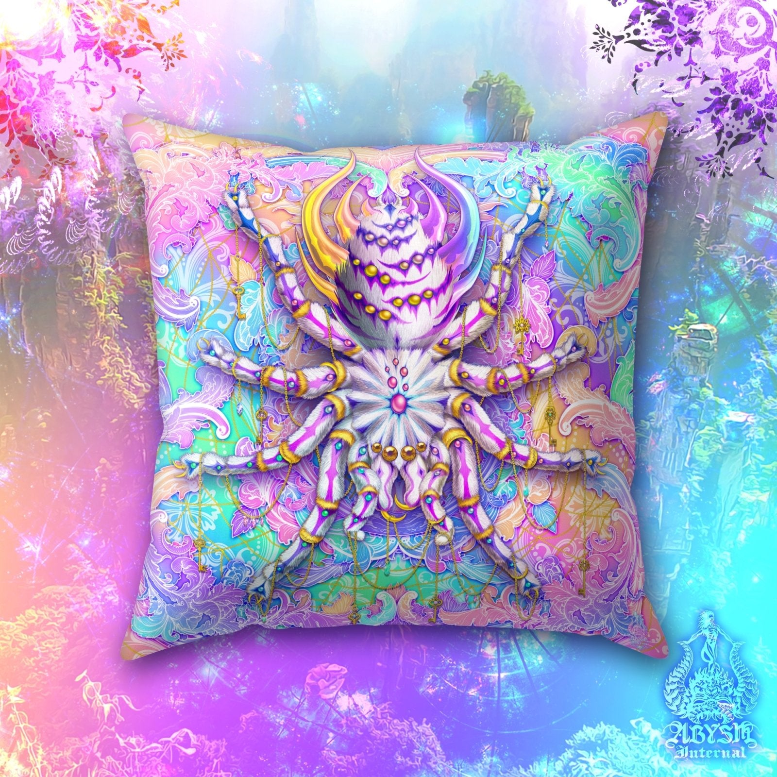 Aesthetic Throw Pillow, Decorative Accent Cushion, Holographic Pastel Room Decor, Funky and Eclectic Home - Tarantula, Psychedelic Art, Spider - Abysm Internal
