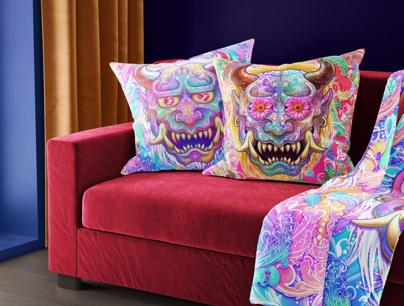 Aesthetic Throw Pillow, Decorative Accent Cushion, Japanese Demon, Indie Room Decor, Funky and Eclectic Home - Pastel Oni or Hannya - Abysm Internal