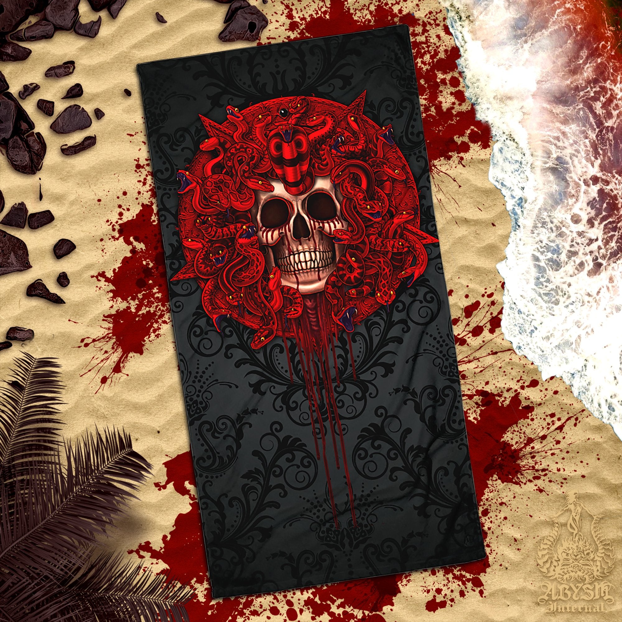 ALL Gothic Medusa Beach Towel, Goth Art, Snakes - 9 Colors, 2 Faces - Abysm Internal