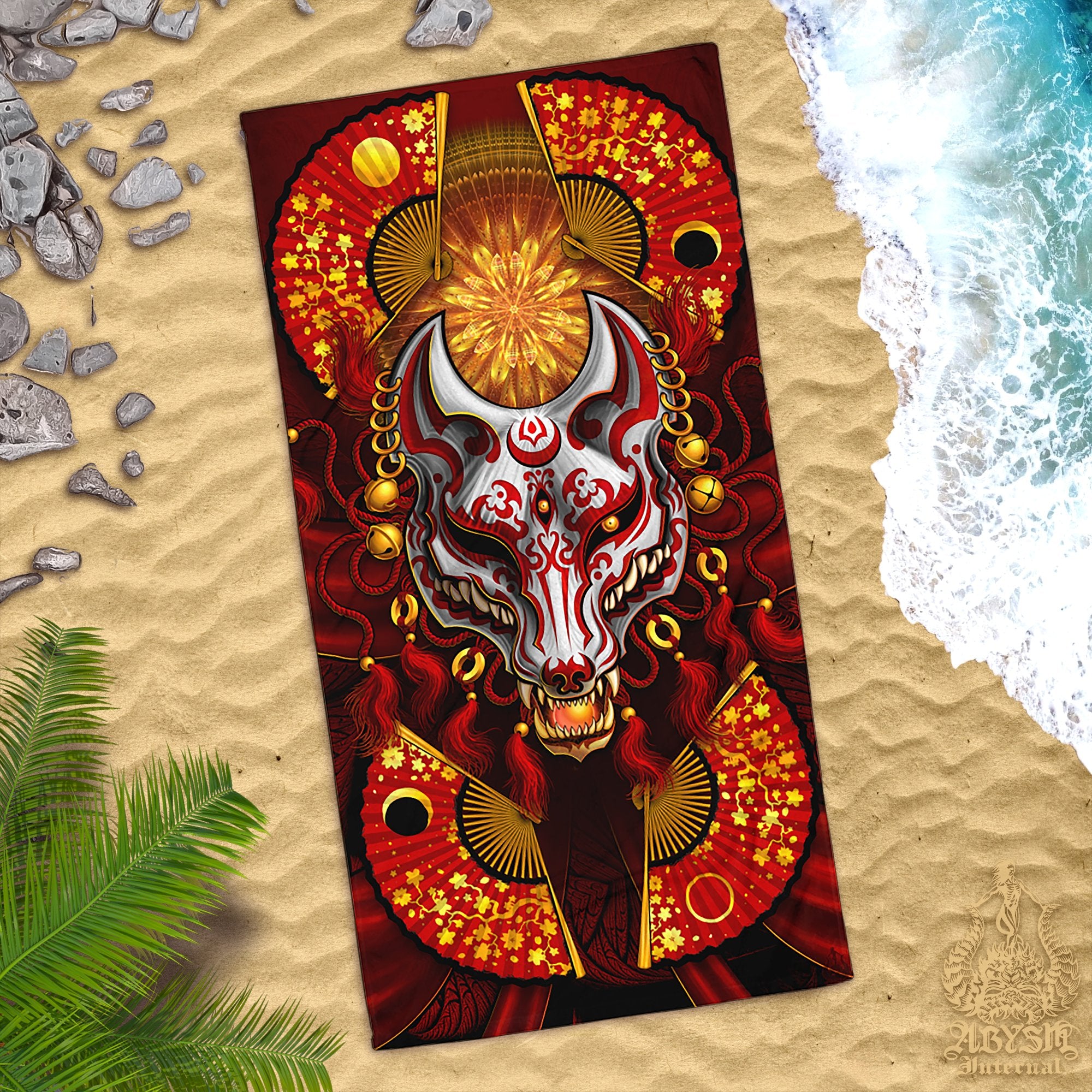 ALL Kitsune Beach Towel Designs, Fox Mask, Cool Gift Idea for Gamer, Japan Anime or Manga Gift - Red, black, White, Purple, Gold, Silver, 11 Colors - Abysm Internal