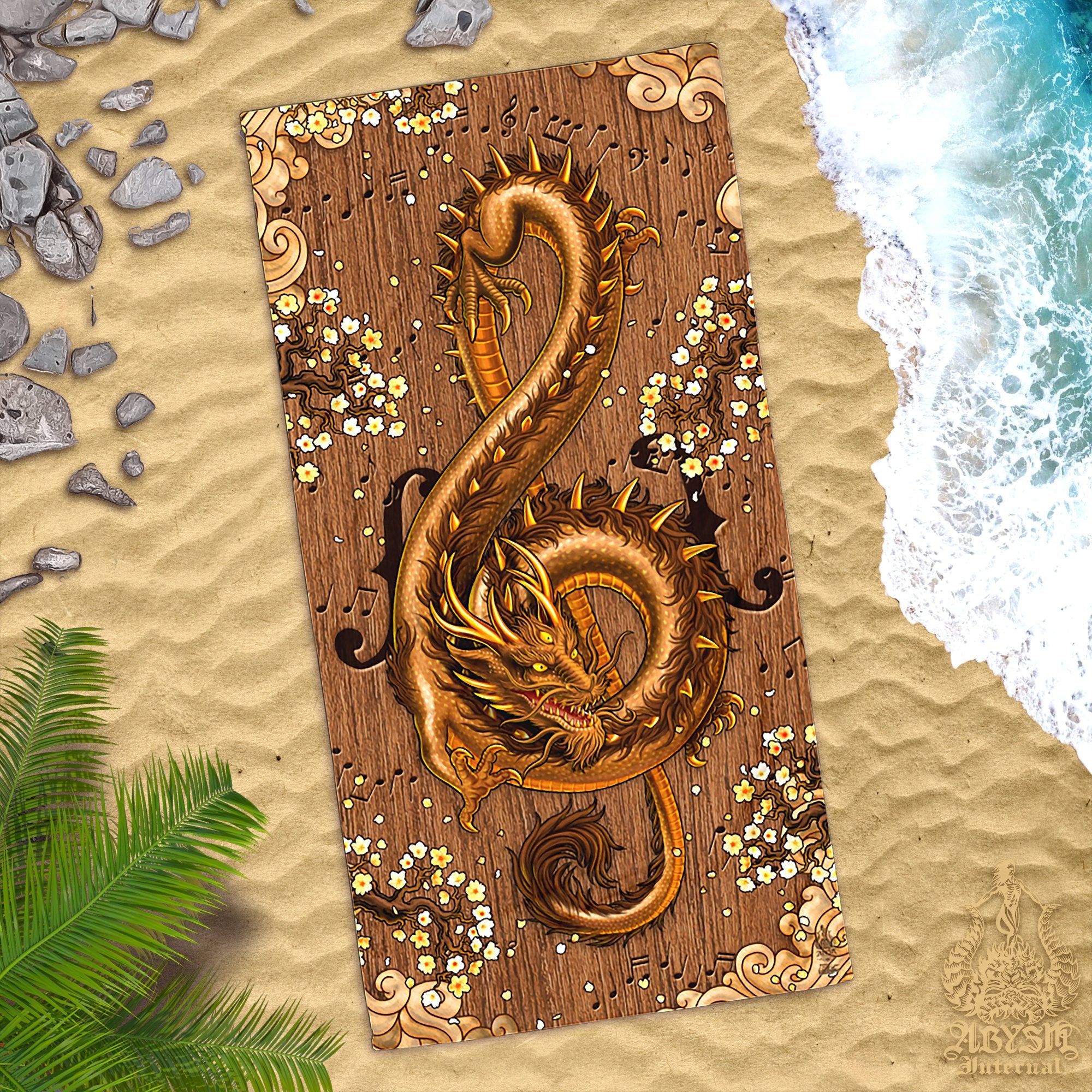 ALL Music Dragon Beach Towel, Treble Clef, Indie Gift - 15 Colors, Gemstone, Gold, Purple, Blue, Psy - Abysm Internal
