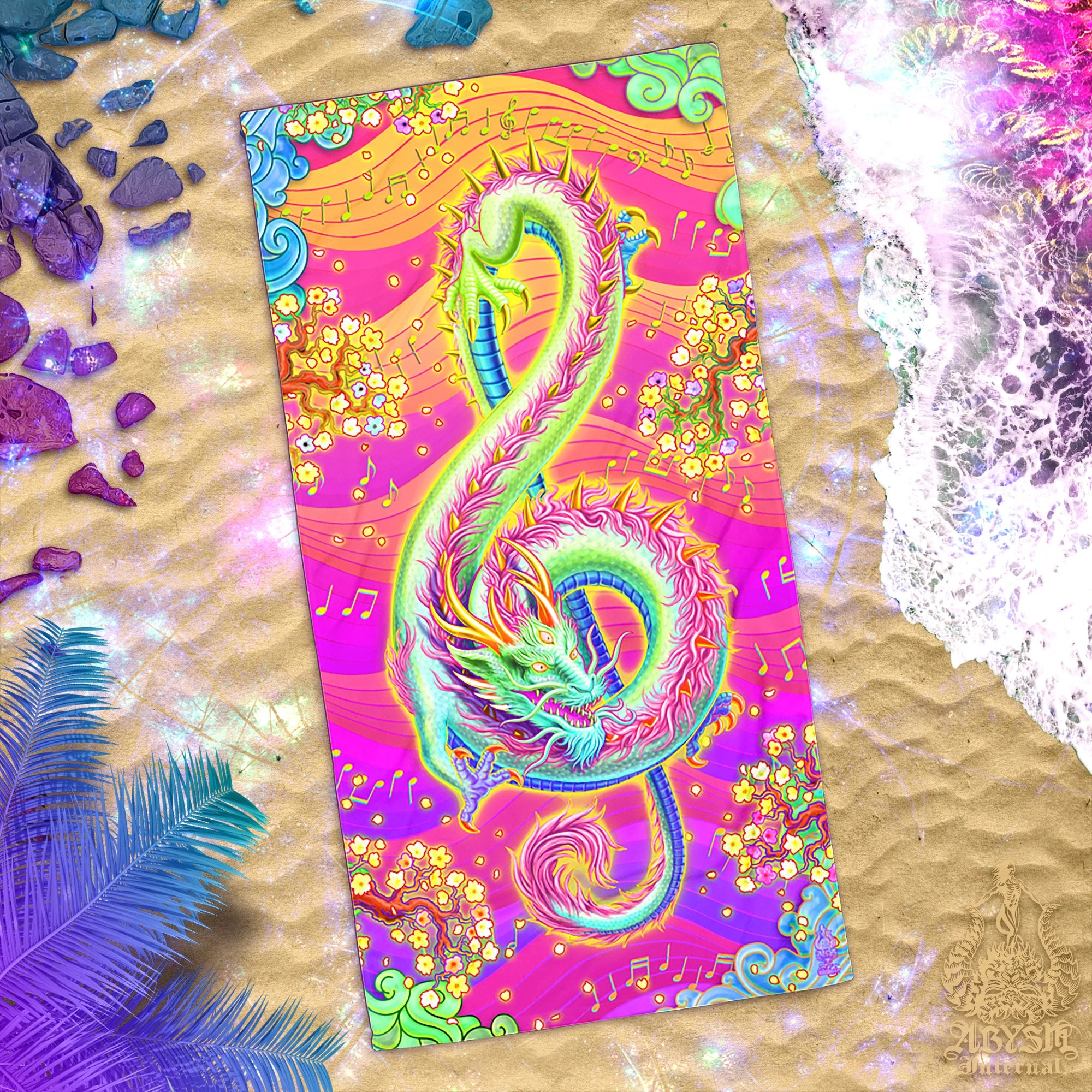 ALL Music Dragon Beach Towel, Treble Clef, Indie Gift - 15 Colors, Gemstone, Gold, Purple, Blue, Psy - Abysm Internal