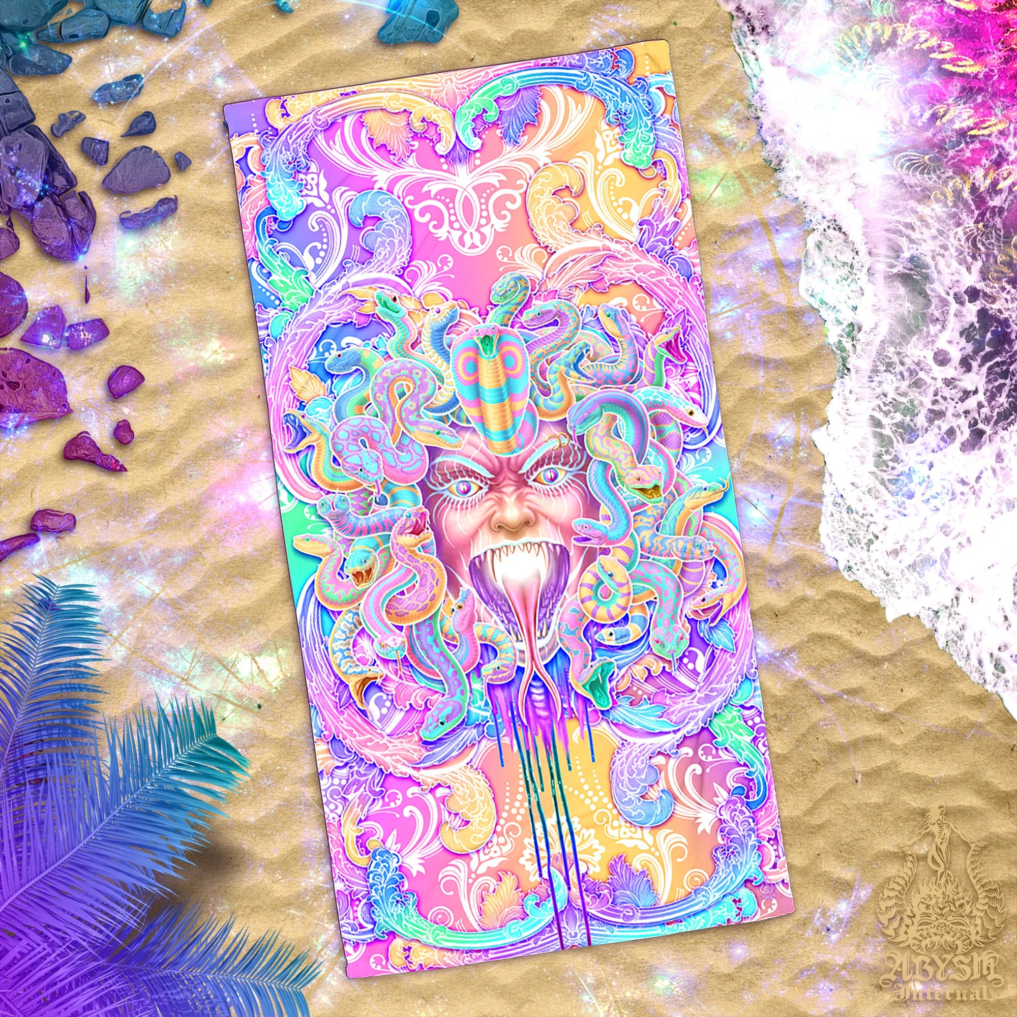ALL Pastel Beach Towel, Aesthetic Psychedelic Surfer Gift - Daruma, Skull, Medusa, Music Dragon, Octopus, Oni, Spider, Tree of Life, 8 Designs - Abysm Internal