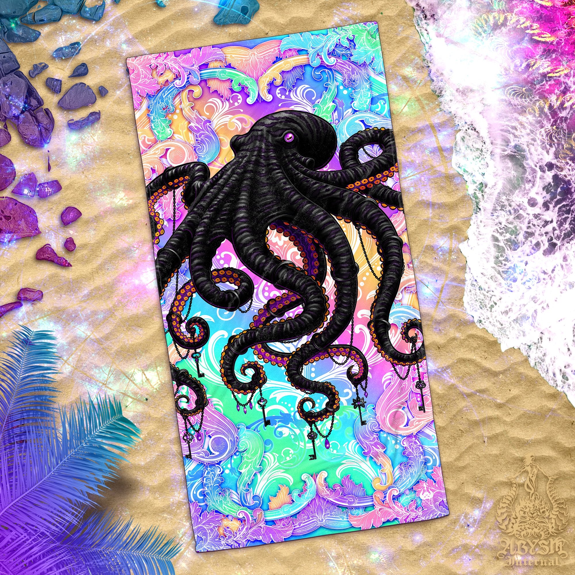 ALL Pastel Black Beach Towel, Aesthetic Punk, Gift for Gamer - Kitsune, Medusa, Music Dragon, Octopus, Spider, 6 Designs - Abysm Internal
