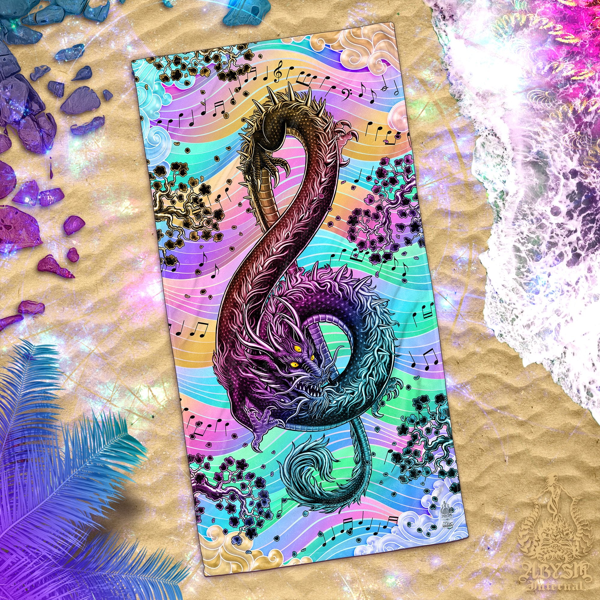 ALL Pastel Black Beach Towel, Aesthetic Punk, Gift for Gamer - Kitsune, Medusa, Music Dragon, Octopus, Spider, 6 Designs - Abysm Internal