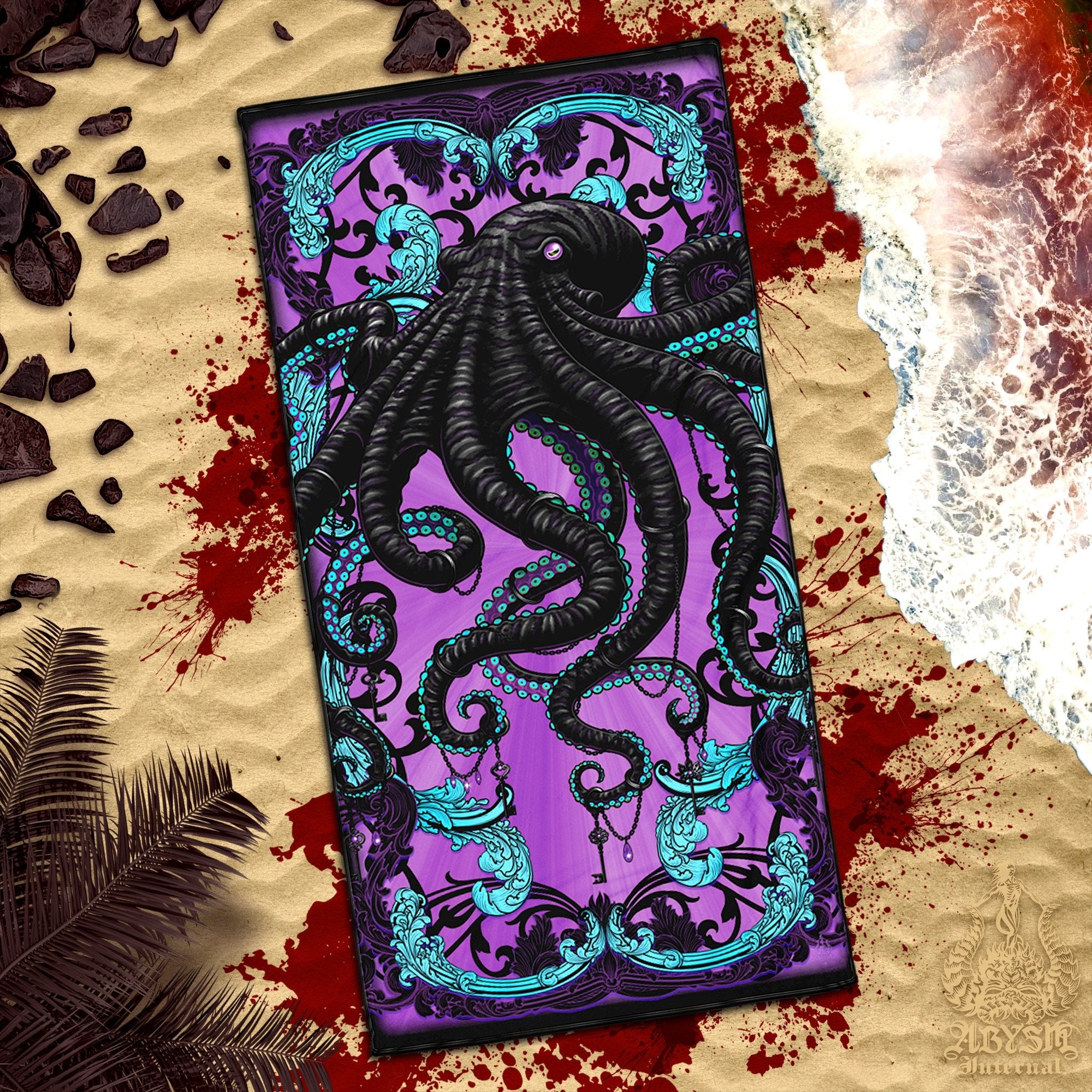 ALL Pastel Goth Beach Towel Designs, Black Purple Whimsigoth Art, Cool Gift Idea for Surfers - Octopus, Ankh, Lion, Kitsune, Medusa, Music Dragon, Oni, Spider, Skull, Daruma, Viking, Tree of Life, 13 Designs - Abysm Internal