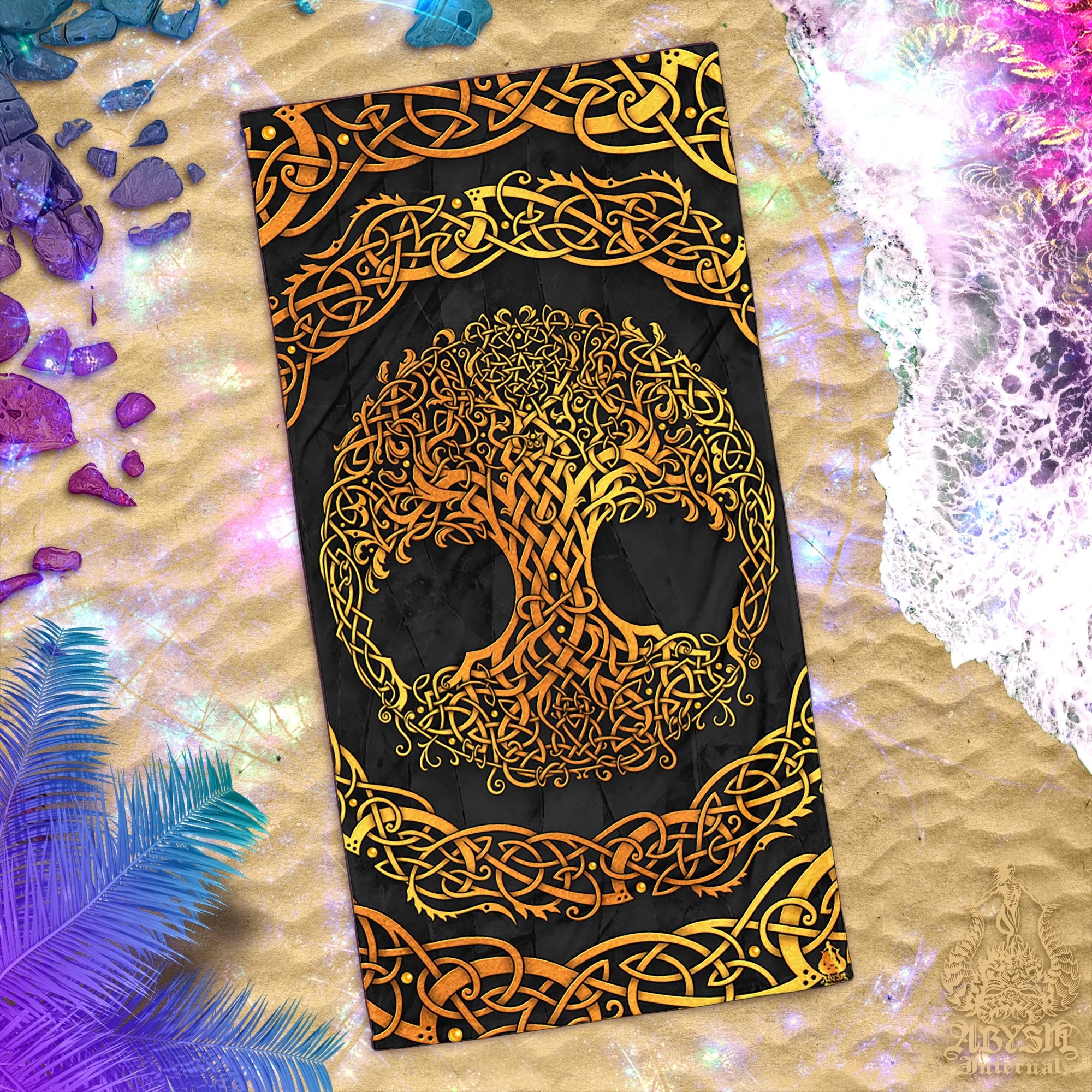 ALL Tree of Life Beach Towel Designs, Celtic Knots, Witch and Pagan Art - Cyan Blue & Gold, Cream, White, Psy, 12 Colors - Abysm Internal