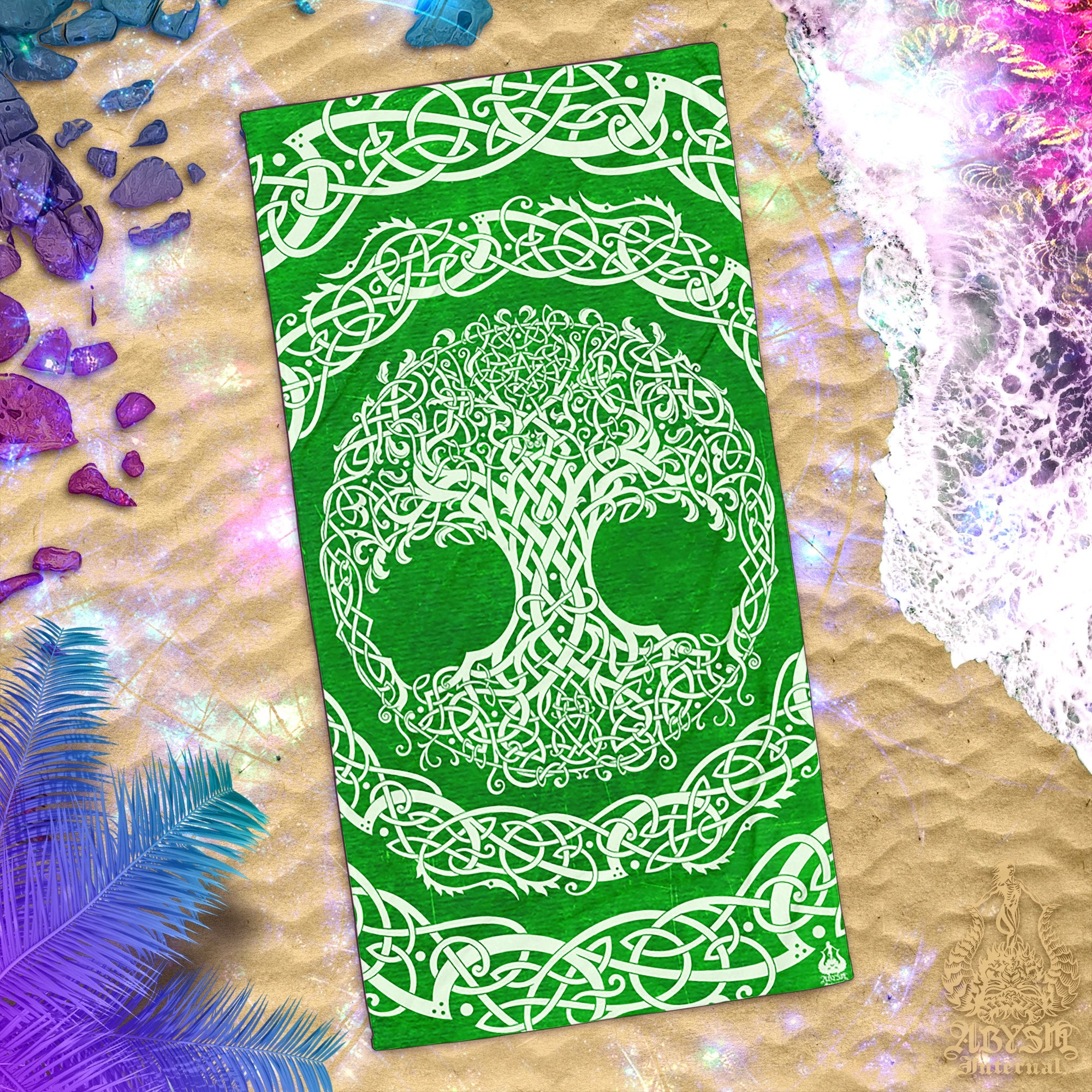 ALL Tree of Life Beach Towel Designs, Celtic Knots, Witch and Pagan Art - Cyan Blue & Gold, Cream, White, Psy, 12 Colors - Abysm Internal