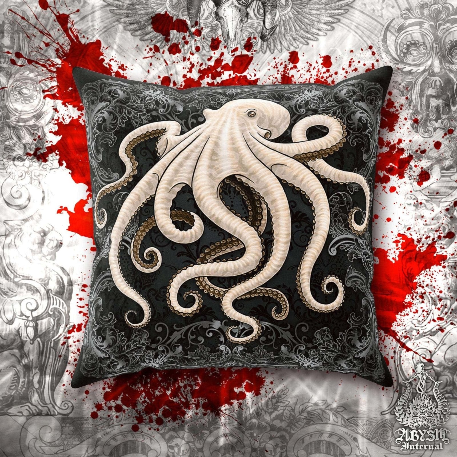 Alternative Throw Pillow, Decorative Accent Cushion, Beach Home Decor, Indie and Eclectic Design - Black & White Octopus - Abysm Internal