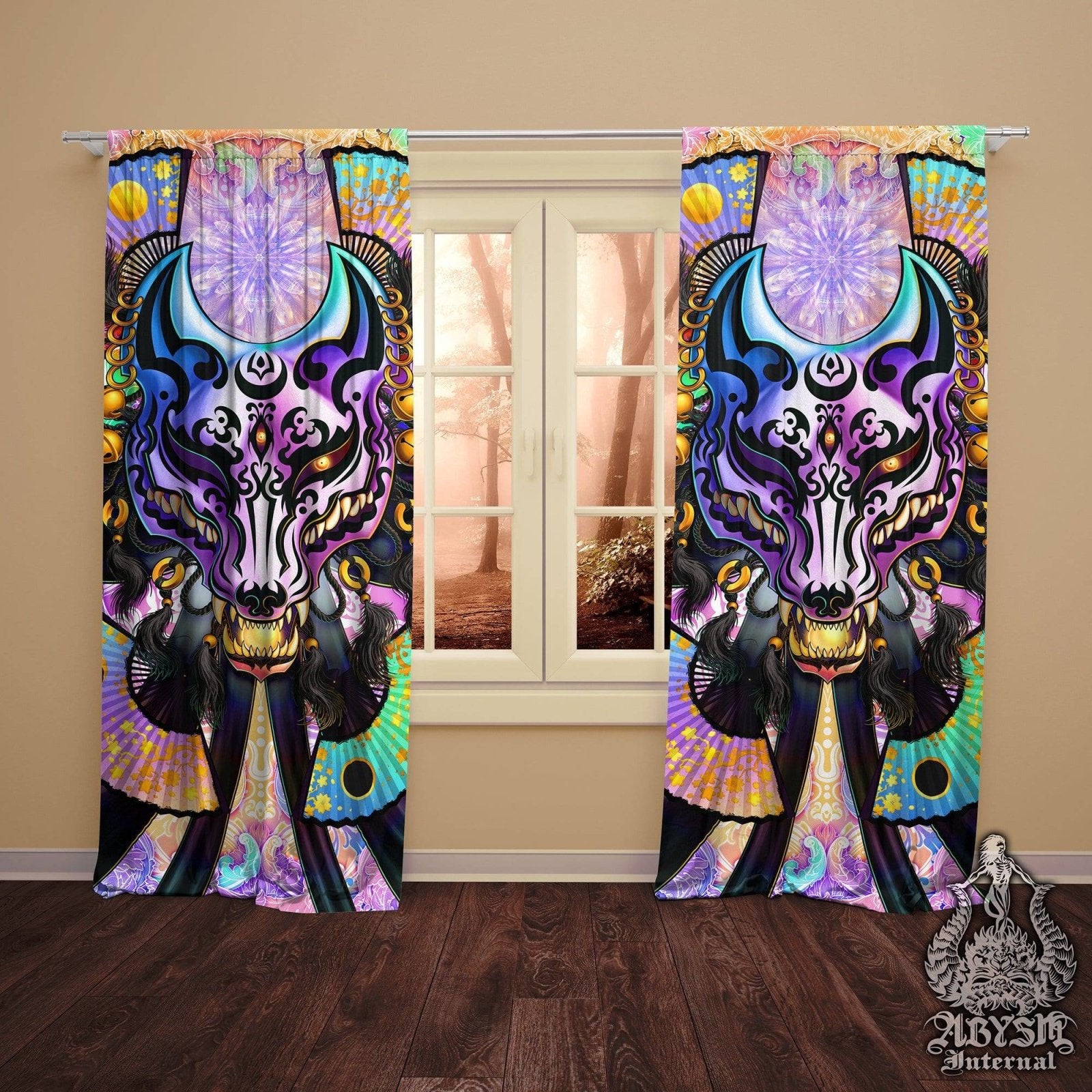 Anime Blackout Curtains, Long Window Panels, Holographic Room Decor, Okami Art Print, Funky and Eclectic Home Decor - Pastel Punk Kitsune, Black Fox Mask - Abysm Internal