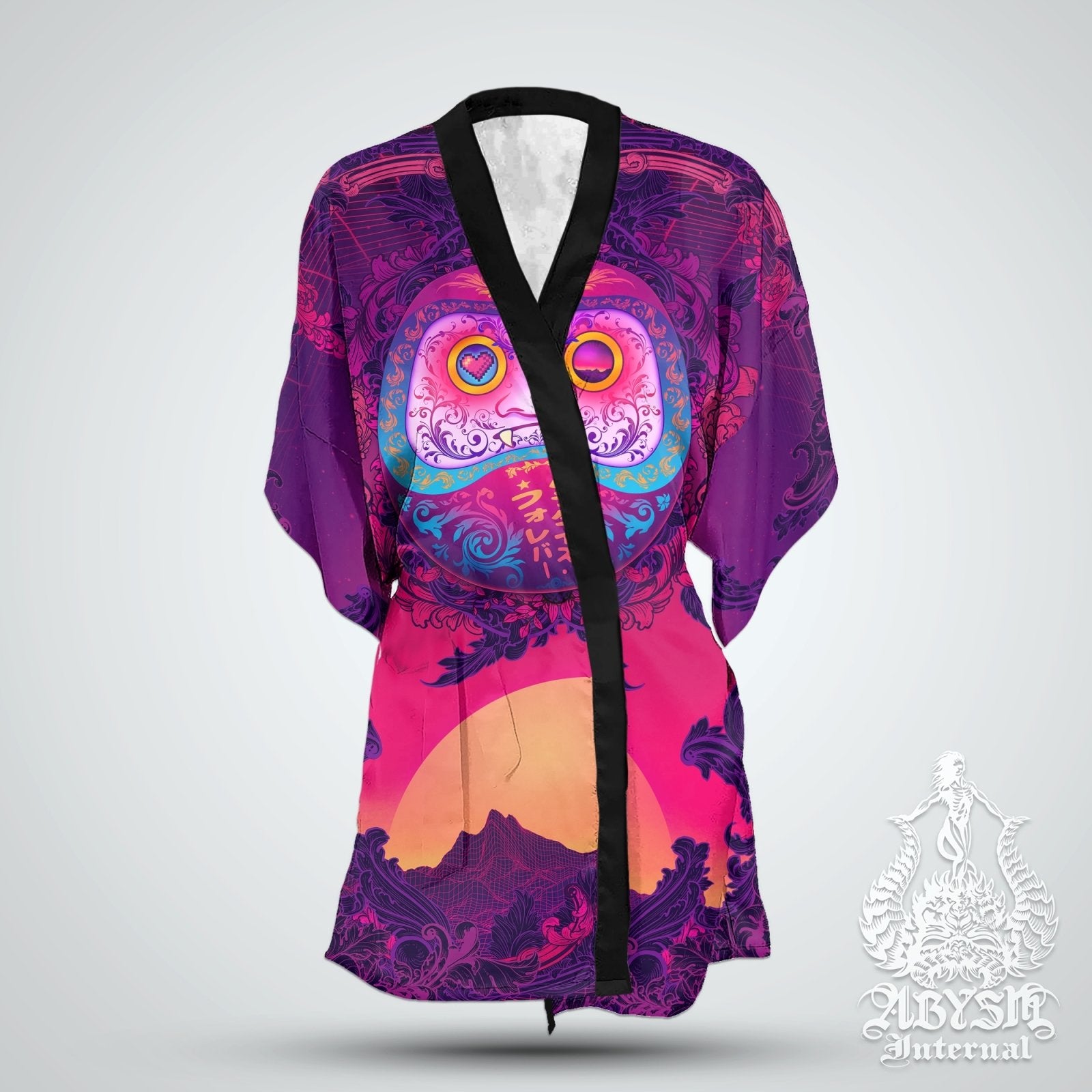 Anime Convention Cover Up, Synthwave Outfit, Retrowave Party Kimono, Vaporwave Summer Festival Robe, Japanese Art, Psychedelic 80s, Alternative Clothing, Unisex - Daruma - Abysm Internal