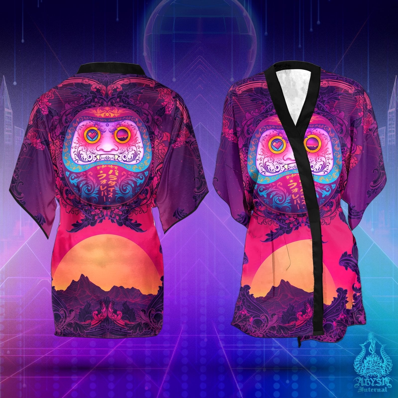Anime Convention Cover Up, Synthwave Outfit, Retrowave Party Kimono, Vaporwave Summer Festival Robe, Japanese Art, Psychedelic 80s, Alternative Clothing, Unisex - Daruma - Abysm Internal
