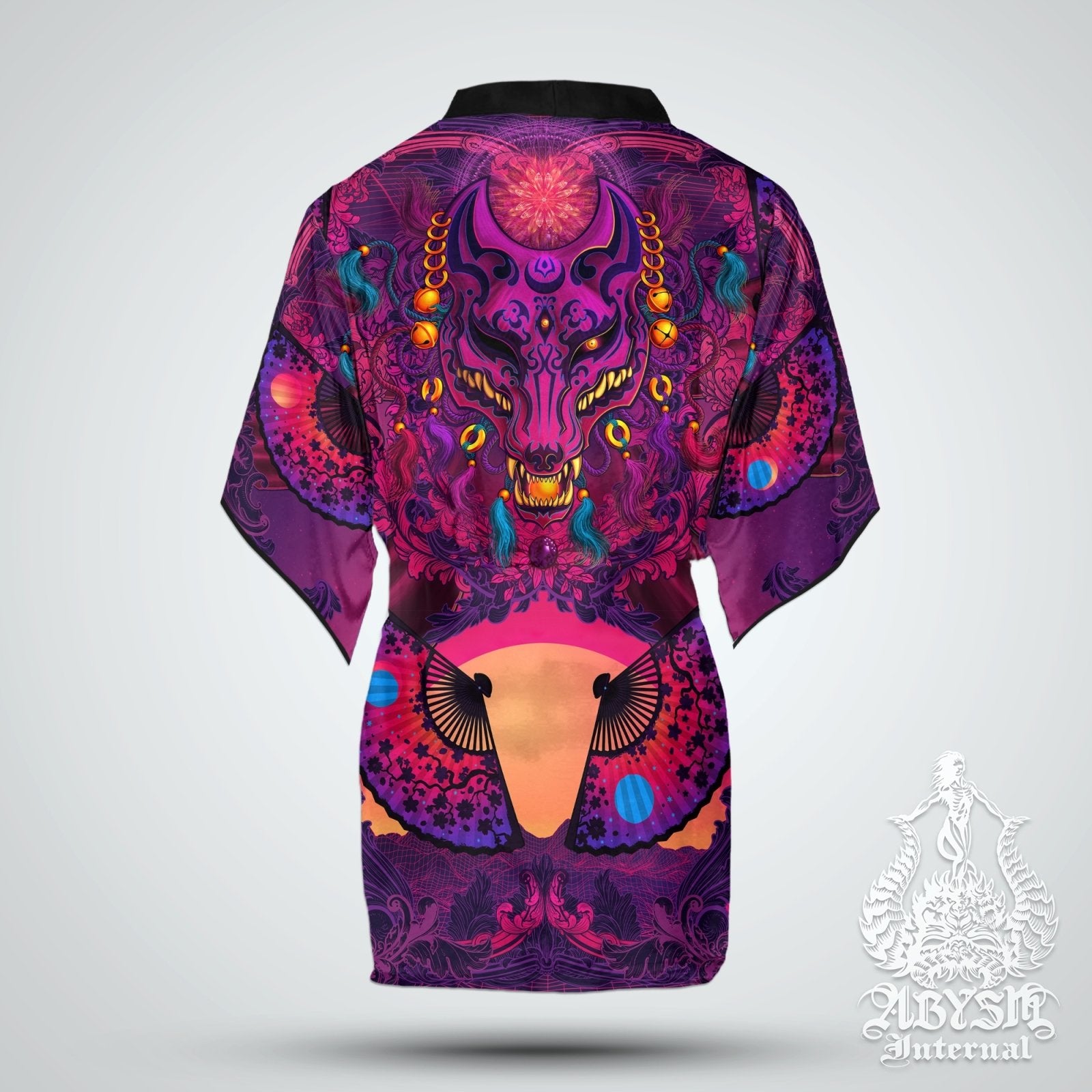 Anime Convention Cover Up, Synthwave Outfit, Retrowave Party Kimono, Vaporwave Summer Festival Robe, Japanese Art, Psychedelic 80s, Alternative Clothing, Unisex - Kitsune - Abysm Internal