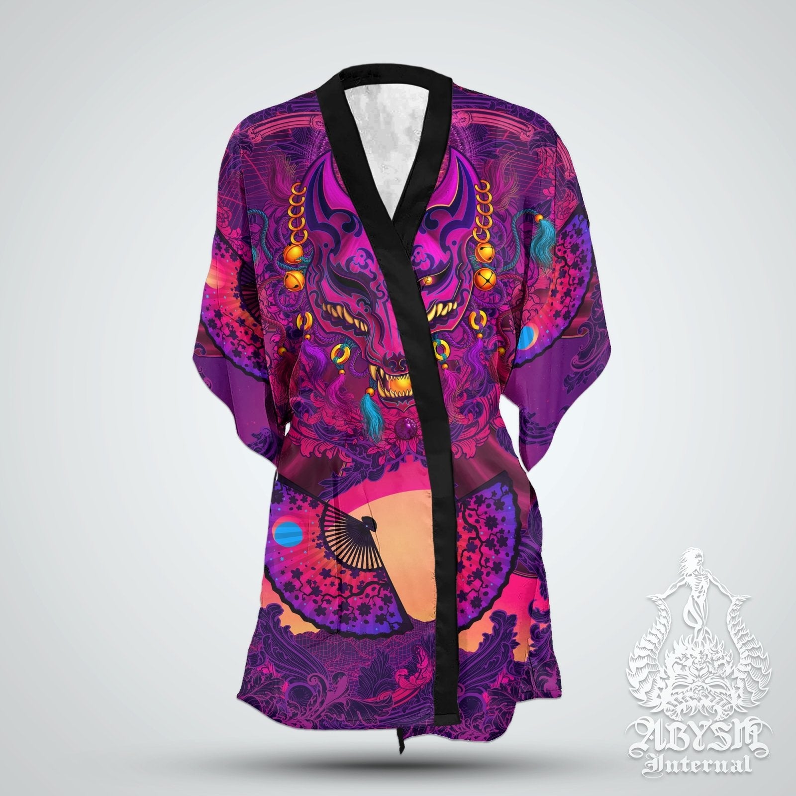 Anime Convention Cover Up, Synthwave Outfit, Retrowave Party Kimono, Vaporwave Summer Festival Robe, Japanese Art, Psychedelic 80s, Alternative Clothing, Unisex - Kitsune - Abysm Internal