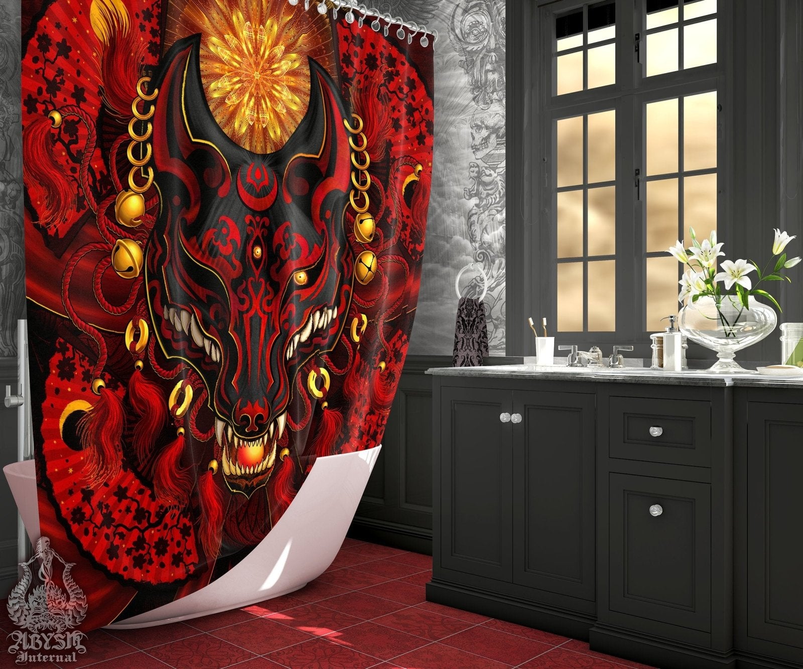 Anime Curtain, Kitsune Mask, Okami, Japanese Fox, Gamer Bathroom Decor, Eclectic and Funky Home - Red & Black - Abysm Internal