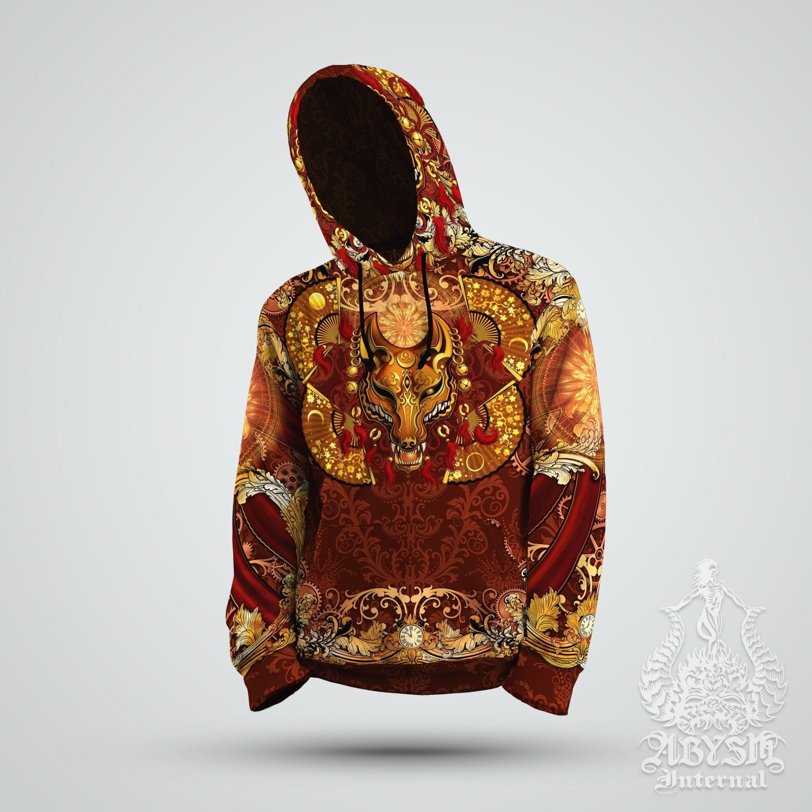 Anime Hoodie, Japanese Streetwear, Steampunk Outfit, Anime Festival Apparel, Alternative Clothing, Unisex - Fox or Kitsune Mask, Red - Abysm Internal