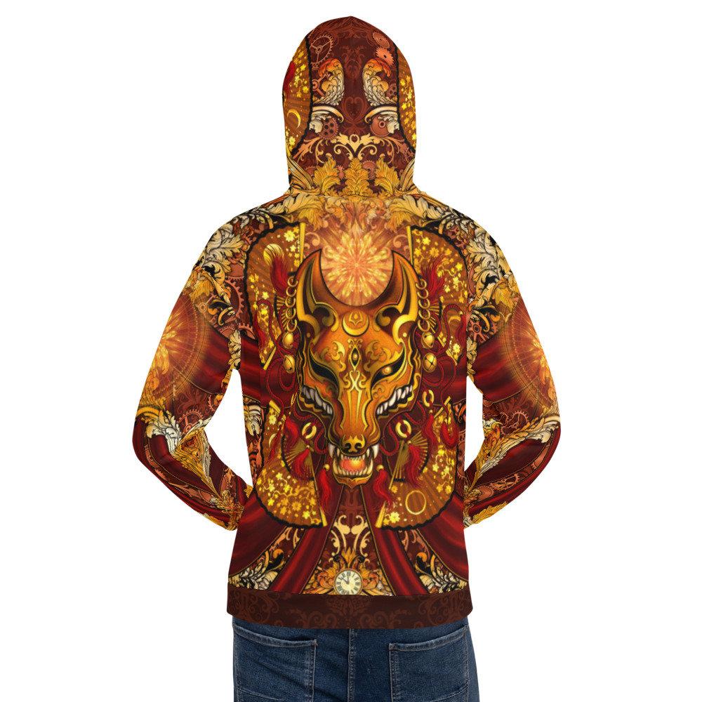 Anime Hoodie, Japanese Streetwear, Steampunk Outfit, Anime Festival Apparel, Alternative Clothing, Unisex - Fox or Kitsune Mask, Red - Abysm Internal